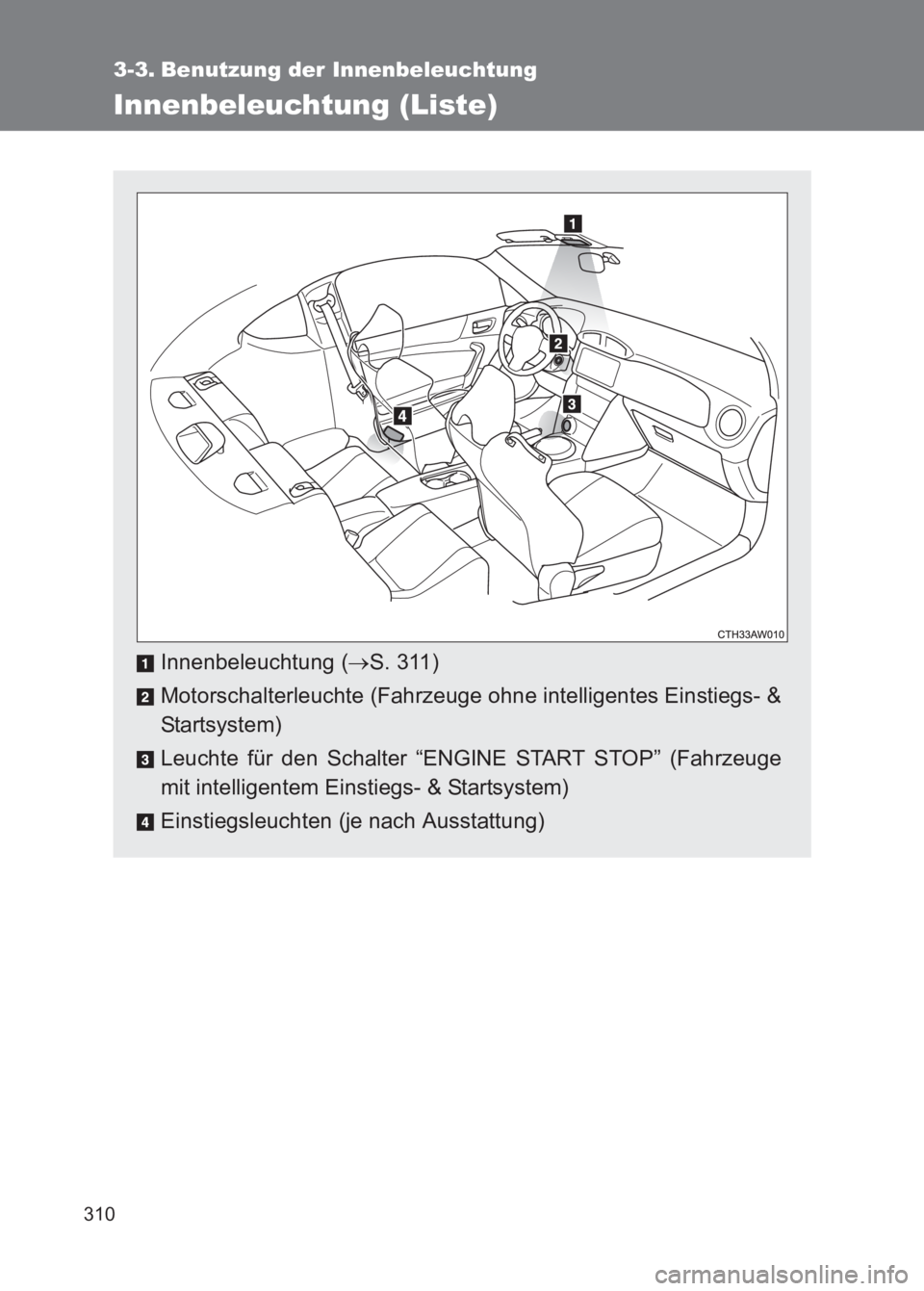 TOYOTA GT86 2017 Betriebsanleitungen (in German) 310
86_EM (OM18074M)
3-3. Benutzung der Innenbeleuchtung
Innenbeleuchtung (Liste)
Innenbeleuchtung (→S. 311)
Motorschalterleuchte (Fahrzeuge ohne intelligentes Einstiegs- &
Sta rts ys te m )
Leuchte TOYOTA GT86 2017 Betriebsanleitungen (in German) 310
86_EM (OM18074M)
3-3. Benutzung der Innenbeleuchtung
Innenbeleuchtung (Liste)
Innenbeleuchtung (→S. 311)
Motorschalterleuchte (Fahrzeuge ohne intelligentes Einstiegs- &
Sta rts ys te m )
Leuchte
