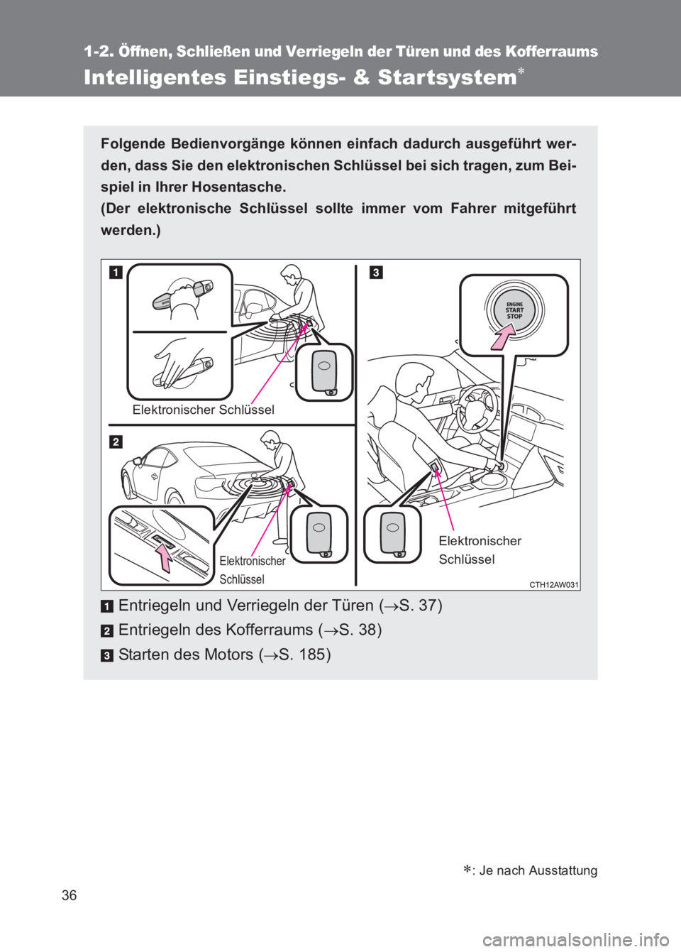 TOYOTA GT86 2017  Betriebsanleitungen (in German) 36
86_EM (OM18074M)
1-2.Öffnen, Schließen und Verriegeln der Türen und des Kofferraums
Intelligentes Einstiegs- & Star tsystem∗
Folgende Bedienvorgänge können einfach dadurch ausgeführt wer-
d