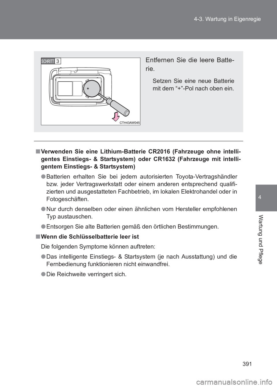 TOYOTA GT86 2017 Betriebsanleitungen (in German) 391
4-3. Wartung in Eigenregie
4
Wartung und Pflege
86_EM (OM18074M)
■
Verwenden Sie eine Lithium-Batterie CR2016 (Fahrzeuge ohne intelli-
gentes Einstiegs- & Startsystem) oder CR1632 (Fahrzeuge mit TOYOTA GT86 2017 Betriebsanleitungen (in German) 391
4-3. Wartung in Eigenregie
4
Wartung und Pflege
86_EM (OM18074M)
■
Verwenden Sie eine Lithium-Batterie CR2016 (Fahrzeuge ohne intelli-
gentes Einstiegs- & Startsystem) oder CR1632 (Fahrzeuge mit