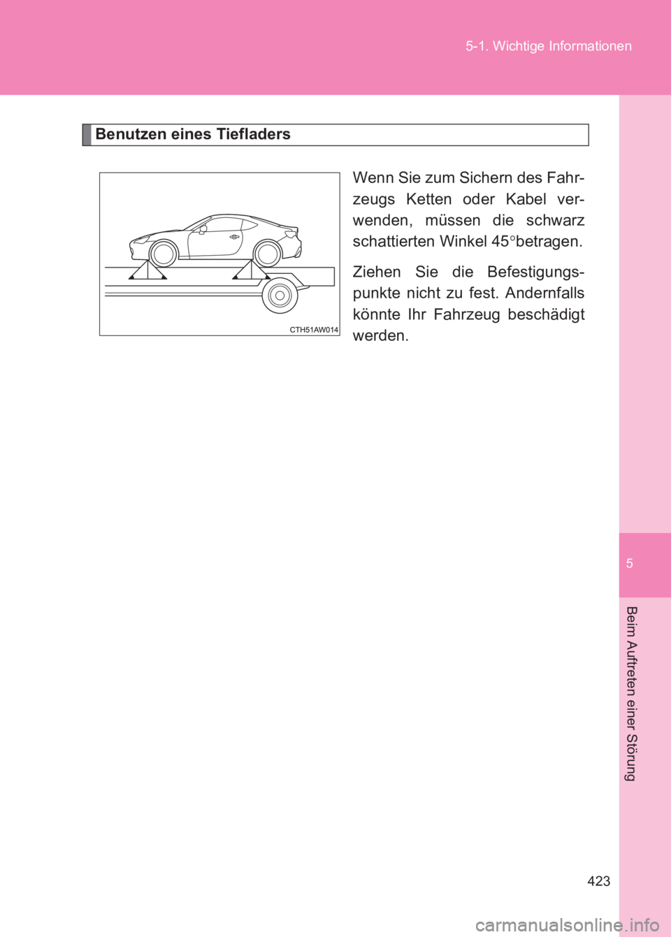 TOYOTA GT86 2017 Betriebsanleitungen (in German) 5
423
5-1. Wichtige Informationen
Beim Auftreten einer Störung
86_EM (OM18074M)
Benutzen eines Tiefladers
Wenn Sie zum Sichern des Fahr-
zeugs Ketten oder Kabel ver-
wenden, müssen die schwarz
schat TOYOTA GT86 2017 Betriebsanleitungen (in German) 5
423
5-1. Wichtige Informationen
Beim Auftreten einer Störung
86_EM (OM18074M)
Benutzen eines Tiefladers
Wenn Sie zum Sichern des Fahr-
zeugs Ketten oder Kabel ver-
wenden, müssen die schwarz
schat