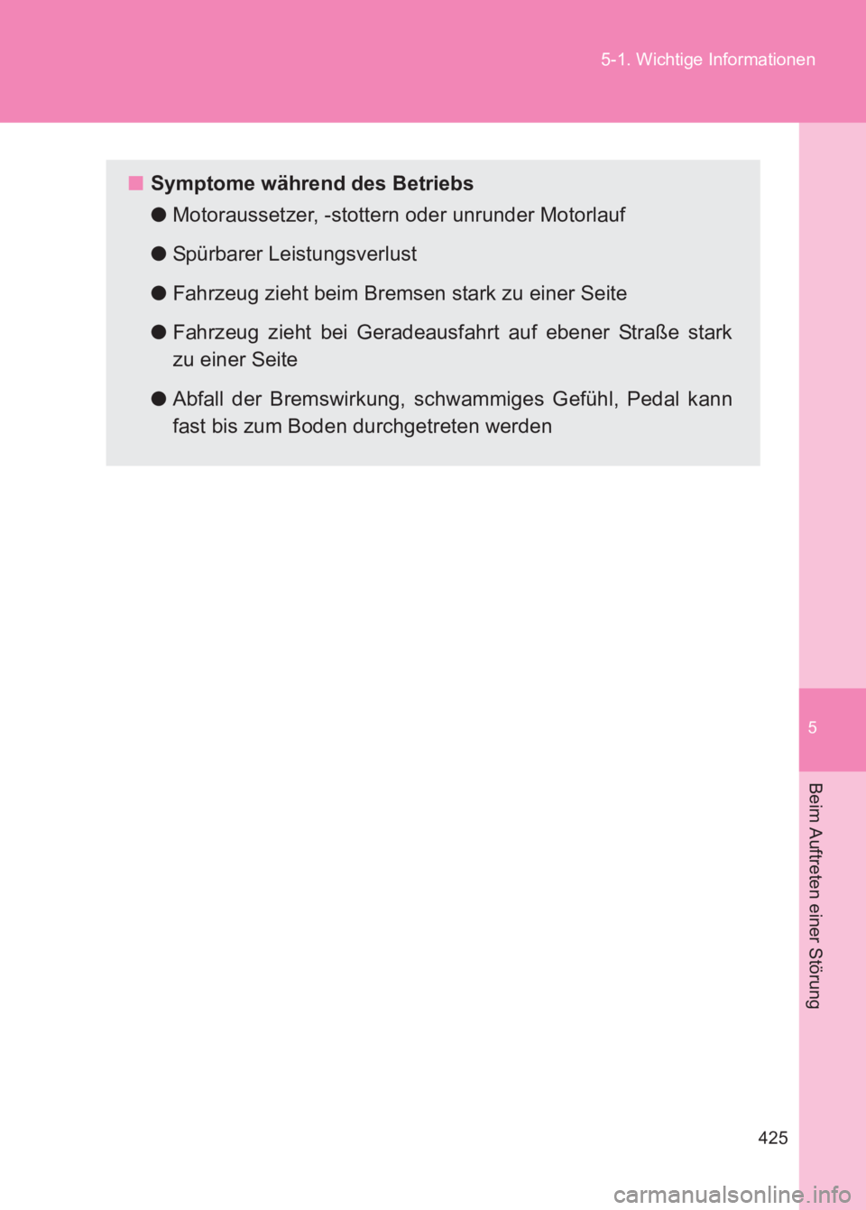 TOYOTA GT86 2017 Betriebsanleitungen (in German) 5
425
5-1. Wichtige Informationen
Beim Auftreten einer Störung
86_EM (OM18074M)
■
Symptome während des Betriebs
●Motoraussetzer, -stottern oder unrunder Motorlauf
● Spürbarer Leistungsverlust TOYOTA GT86 2017 Betriebsanleitungen (in German) 5
425
5-1. Wichtige Informationen
Beim Auftreten einer Störung
86_EM (OM18074M)
■
Symptome während des Betriebs
●Motoraussetzer, -stottern oder unrunder Motorlauf
● Spürbarer Leistungsverlust