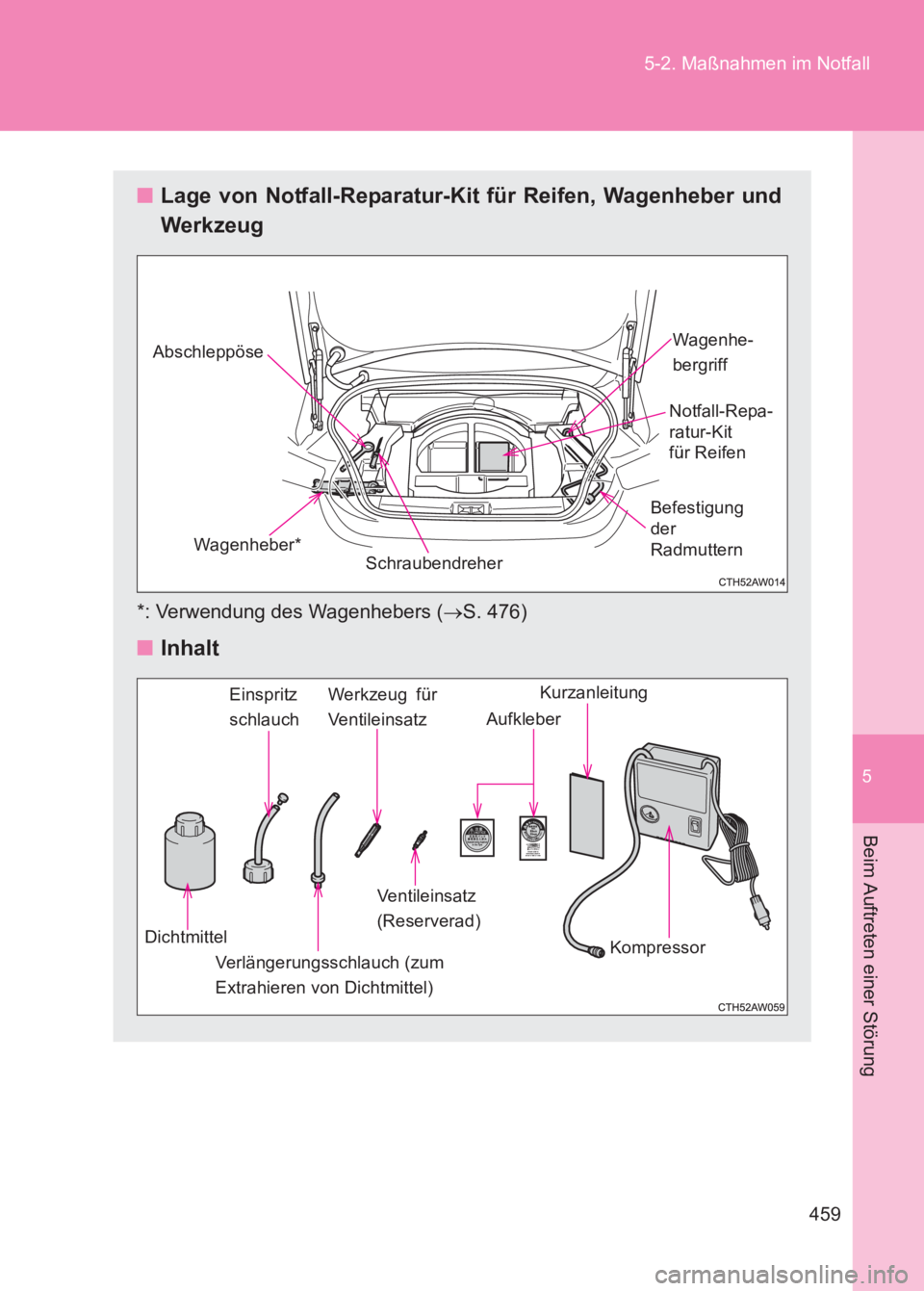 TOYOTA GT86 2017 Betriebsanleitungen (in German) 5
459
5-2. Maßnahmen im Notfall
Beim Auftreten einer Störung
86_EM (OM18074M)
■
Lage von Notfall-Reparatur-Kit für Reifen, Wagenheber und
Werkzeug
*: Verwendung des Wagenhebers ( →S. 476)
■ I TOYOTA GT86 2017 Betriebsanleitungen (in German) 5
459
5-2. Maßnahmen im Notfall
Beim Auftreten einer Störung
86_EM (OM18074M)
■
Lage von Notfall-Reparatur-Kit für Reifen, Wagenheber und
Werkzeug
*: Verwendung des Wagenhebers ( →S. 476)
■ I