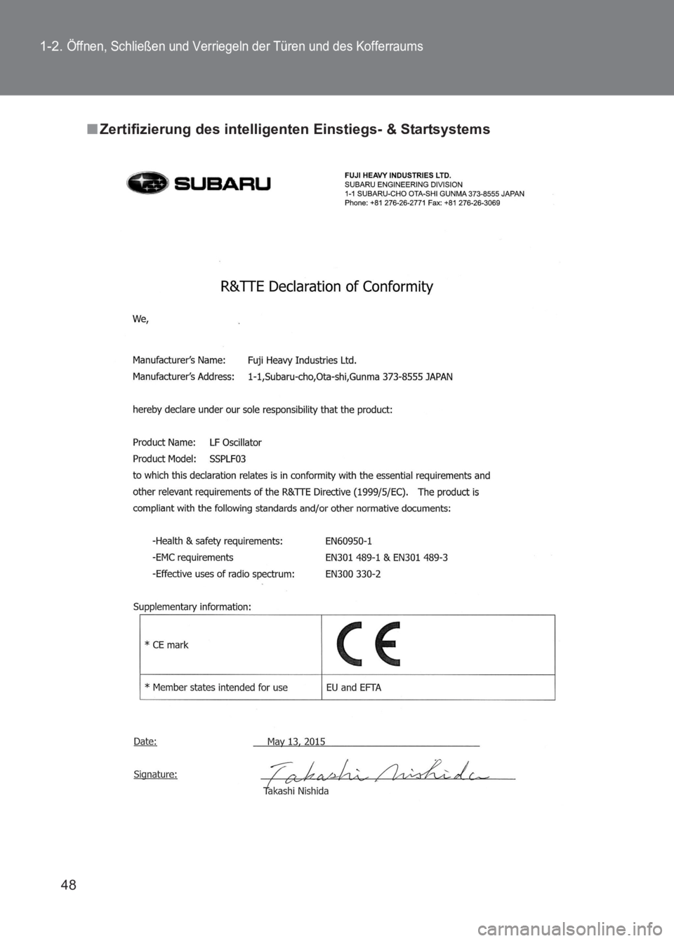 TOYOTA GT86 2017  Betriebsanleitungen (in German) 48
1-2. 
Öffnen, Schließen und Verriegeln der Türen und des Kofferraums
86_EM (OM18074M)
■
Zertifizierung des intelligent en Einstiegs- & Startsystems 