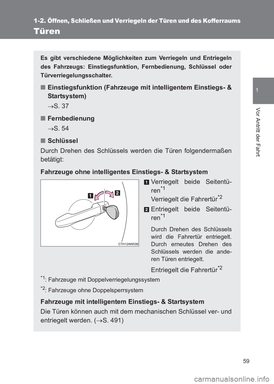 TOYOTA GT86 2017 Betriebsanleitungen (in German) 59
1
1-2. Öffnen, Schließen und Verriegeln der Türen und des Kofferraums
Vor Antritt der Fahrt
86_EM (OM18074M)
Türen
Es gibt verschiedene Möglichkeiten zum Verriegeln und Entriegeln
des Fahrzeug TOYOTA GT86 2017 Betriebsanleitungen (in German) 59
1
1-2. Öffnen, Schließen und Verriegeln der Türen und des Kofferraums
Vor Antritt der Fahrt
86_EM (OM18074M)
Türen
Es gibt verschiedene Möglichkeiten zum Verriegeln und Entriegeln
des Fahrzeug