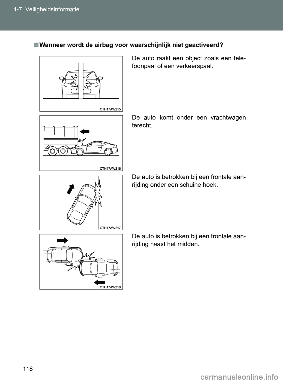 TOYOTA GT86 2017  Instructieboekje (in Dutch) 118 1-7. Veiligheidsinformatie
86_EE (OM18071E)
■Wanneer wordt de airbag voor waarschijnlijk niet geactiveerd?
De  auto  raakt  een  object  zoals  een  tele-
foonpaal of een verkeerspaal.
De  auto  TOYOTA GT86 2017  Instructieboekje (in Dutch) 118 1-7. Veiligheidsinformatie
86_EE (OM18071E)
■Wanneer wordt de airbag voor waarschijnlijk niet geactiveerd?
De  auto  raakt  een  object  zoals  een  tele-
foonpaal of een verkeerspaal.
De  auto