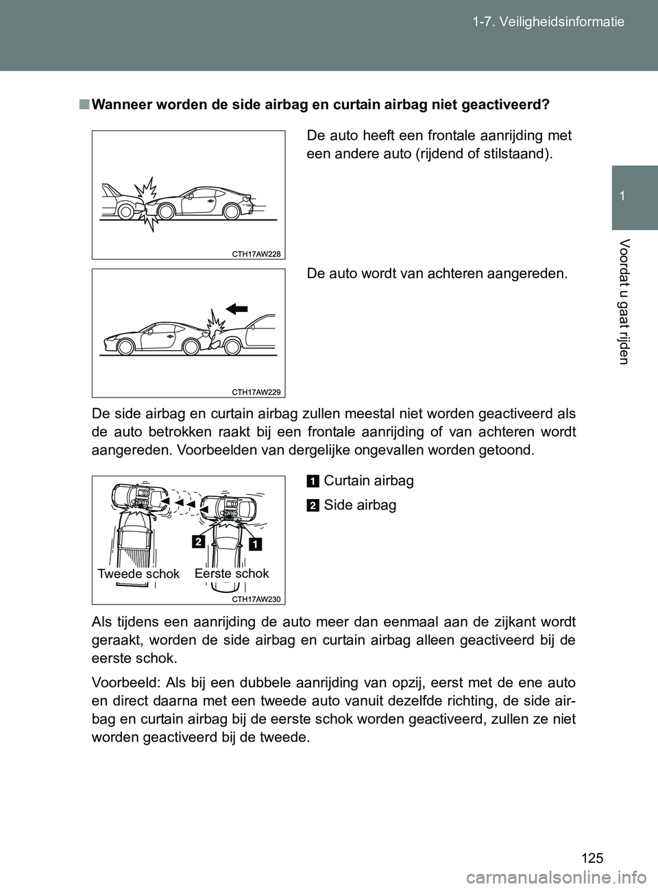 TOYOTA GT86 2017  Instructieboekje (in Dutch) 125 1-7. Veiligheidsinformatie
1
Voordat u gaat rijden
86_EE (OM18071E)
■Wanneer worden de side airbag en curtain airbag niet geactiveerd?
De side airbag en curtain airbag zullen meestal niet worden TOYOTA GT86 2017  Instructieboekje (in Dutch) 125 1-7. Veiligheidsinformatie
1
Voordat u gaat rijden
86_EE (OM18071E)
■Wanneer worden de side airbag en curtain airbag niet geactiveerd?
De side airbag en curtain airbag zullen meestal niet worden