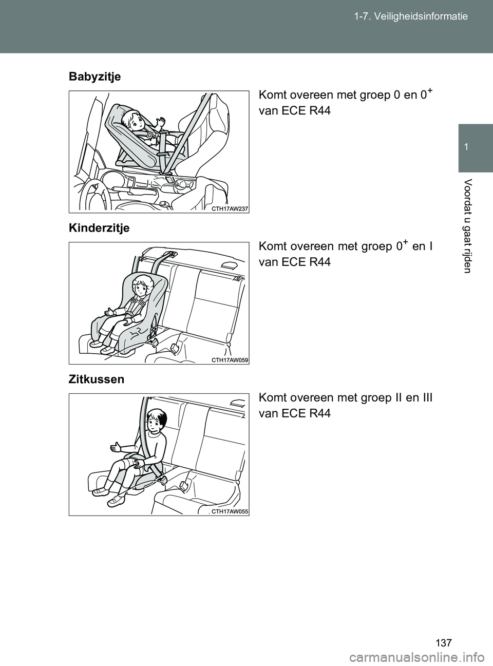 TOYOTA GT86 2017  Instructieboekje (in Dutch) 137 1-7. Veiligheidsinformatie
1
Voordat u gaat rijden
86_EE (OM18071E)Babyzitje
Komt overeen met groep 0 en 0
+
van ECE R44
Kinderzitje
Komt  overeen  met  groep  0
+  en  I
van ECE R44
Zitkussen
Kom