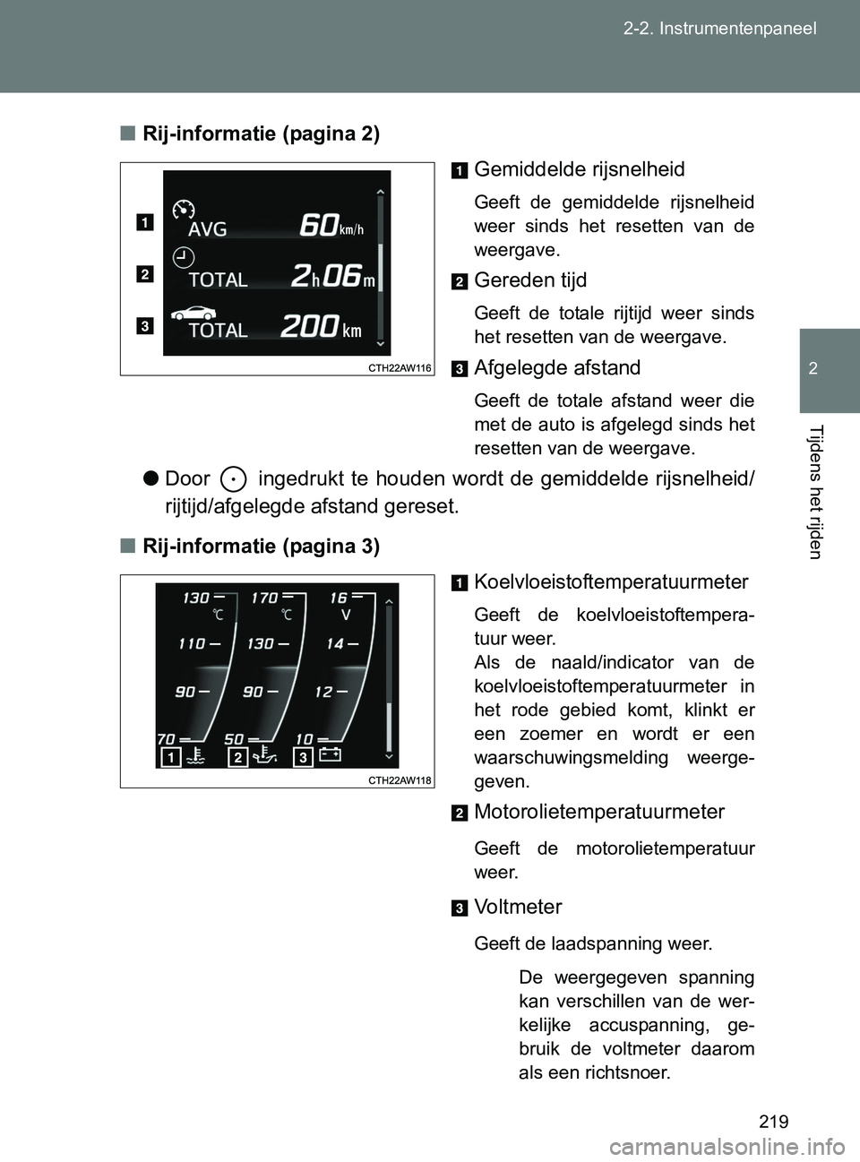 TOYOTA GT86 2017  Instructieboekje (in Dutch) 219 2-2. Instrumentenpaneel
2
Tijdens het rijden
86_EE (OM18071E)■Rij-informatie (pagina 2)
Gemiddelde rijsnelheid
Geeft  de  gemiddelde  rijsnelheid
weer  sinds  het  resetten  van  de
weergave.
Ge