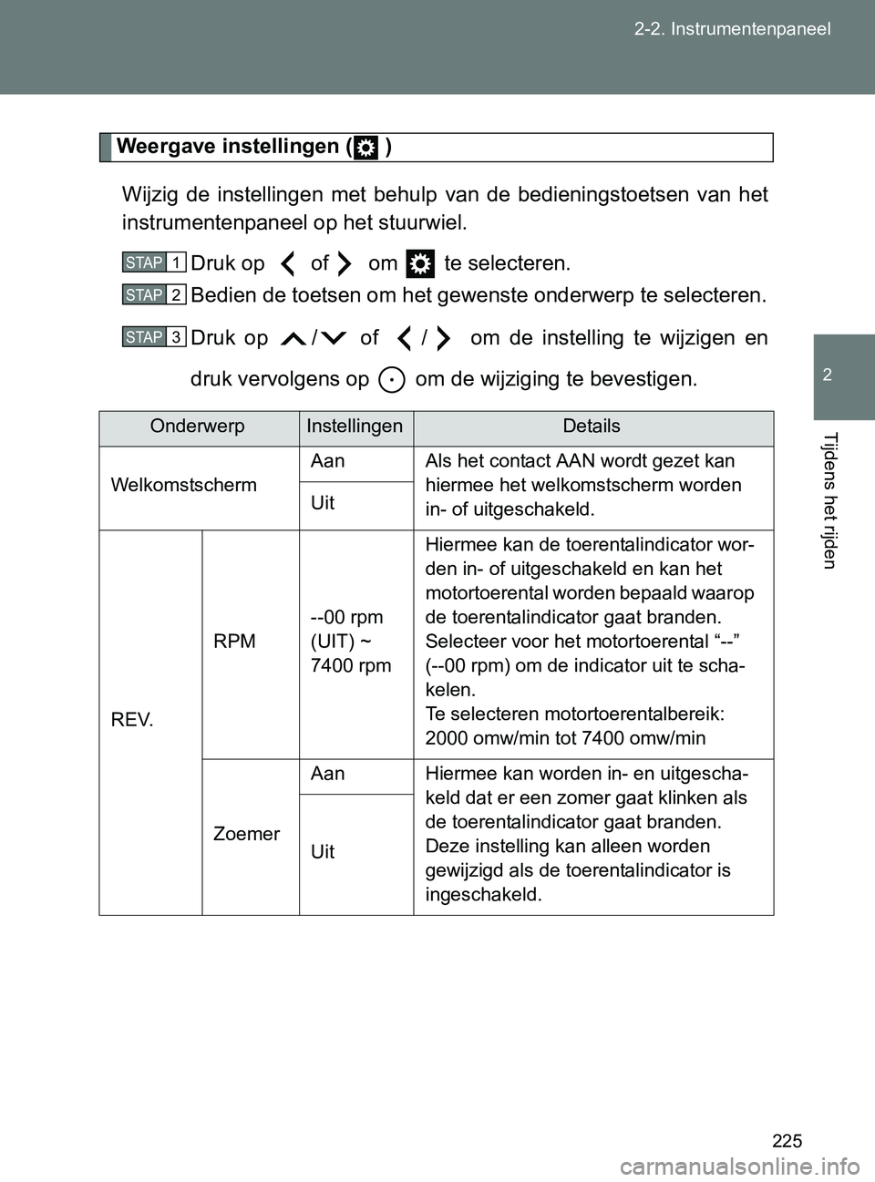 TOYOTA GT86 2017  Instructieboekje (in Dutch) 225 2-2. Instrumentenpaneel
2
Tijdens het rijden
86_EE (OM18071E)
Weergave instellingen (  )
Wijzig  de  instellingen  met  behulp  van  de  bedieningstoetsen  van het
instrumentenpaneel op het stuurw