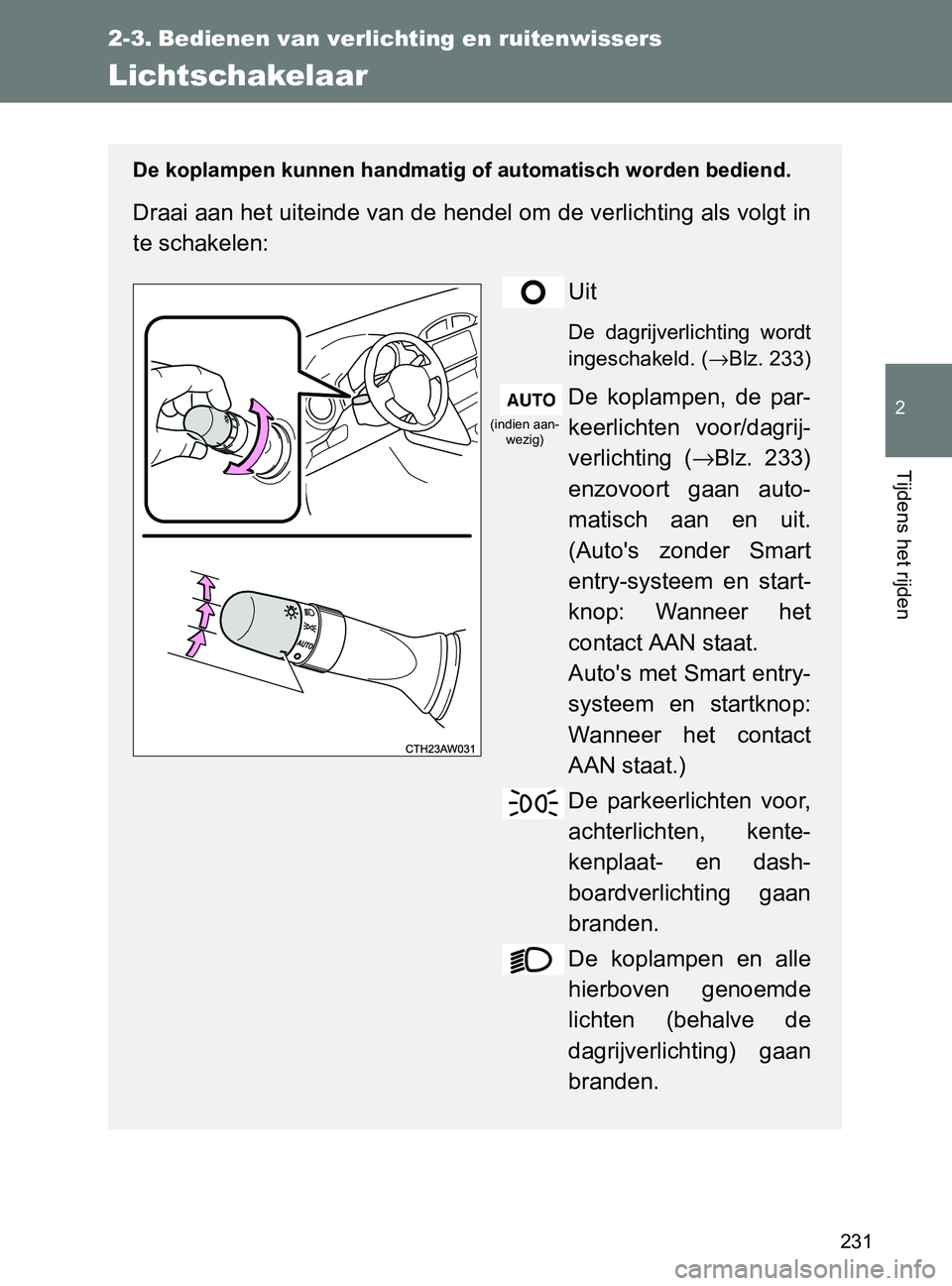 TOYOTA GT86 2017 Instructieboekje (in Dutch) 231
2
Tijdens het rijden
86_EE (OM18071E)
2-3. Bedienen van verlichting en ruitenwissers
Lichtschakelaar
De koplampen kunnen handmatig of automatisch worden bediend.
Draai aan het uiteinde van de hend TOYOTA GT86 2017 Instructieboekje (in Dutch) 231
2
Tijdens het rijden
86_EE (OM18071E)
2-3. Bedienen van verlichting en ruitenwissers
Lichtschakelaar
De koplampen kunnen handmatig of automatisch worden bediend.
Draai aan het uiteinde van de hend