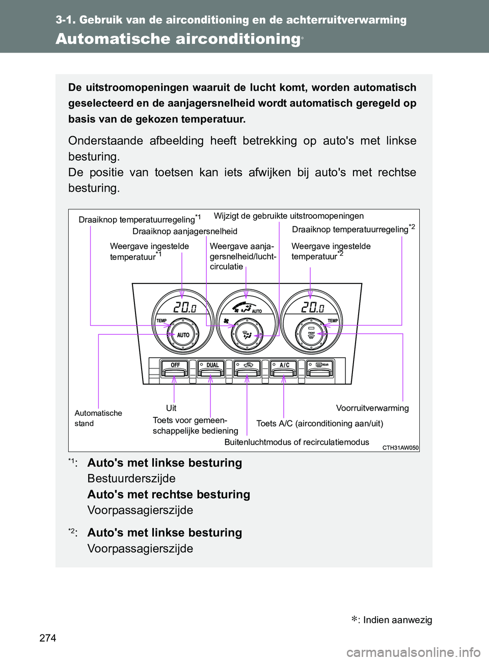 TOYOTA GT86 2017 Instructieboekje (in Dutch) 274
3-1. Gebruik van de airconditioning en de achterruitverwarming
86_EE (OM18071E)
Automatische airconditioning∗
De uitstroomopeningen waaruit de lucht komt, worden automatisch
geselecteerd TOYOTA GT86 2017 Instructieboekje (in Dutch) 274
3-1. Gebruik van de airconditioning en de achterruitverwarming
86_EE (OM18071E)
Automatische airconditioning∗
De uitstroomopeningen waaruit de lucht komt, worden automatisch
geselecteerd