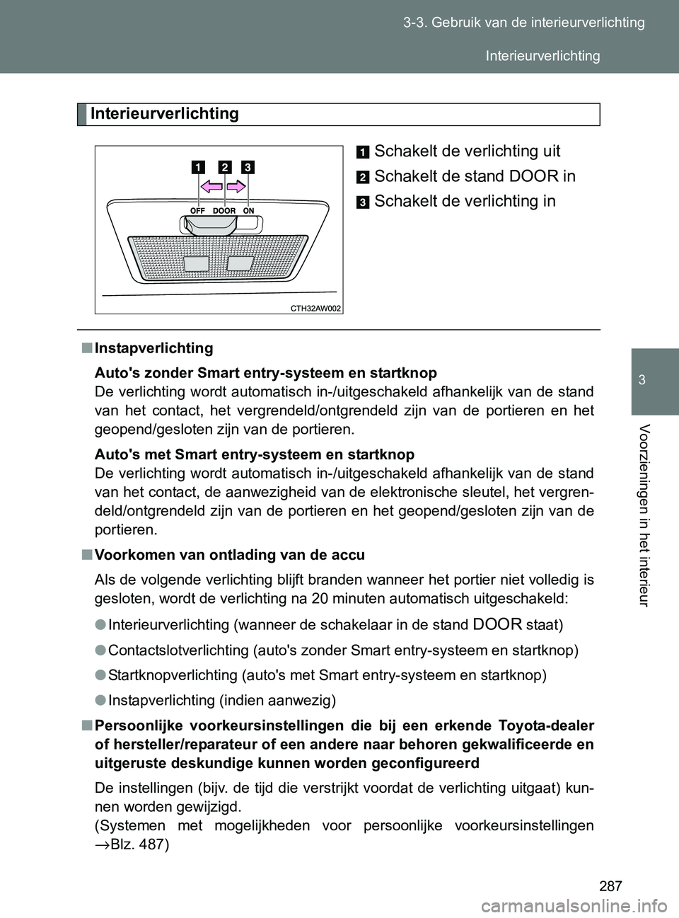 TOYOTA GT86 2017  Instructieboekje (in Dutch) 287 3-3. Gebruik van de interieurverlichting
3
Voorzieningen in het interieur
86_EE (OM18071E)
Interieurverlichting
Schakelt de verlichting uit
Schakelt de stand DOOR in
Schakelt de verlichting in
■