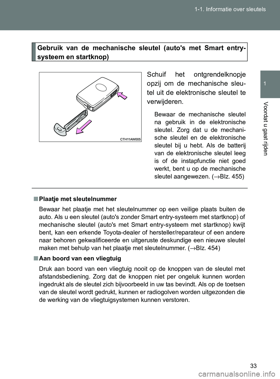 TOYOTA GT86 2017 Instructieboekje (in Dutch) 33 1-1. Informatie over sleutels
1
Voordat u gaat rijden
86_EE (OM18071E)
Gebruik van de mechanische sleutel (auto's met Smart entry-
systeem en startknop)
Schuif het ontgrendelknopje
op TOYOTA GT86 2017 Instructieboekje (in Dutch) 33 1-1. Informatie over sleutels
1
Voordat u gaat rijden
86_EE (OM18071E)
Gebruik van de mechanische sleutel (auto's met Smart entry-
systeem en startknop)
Schuif het ontgrendelknopje
op