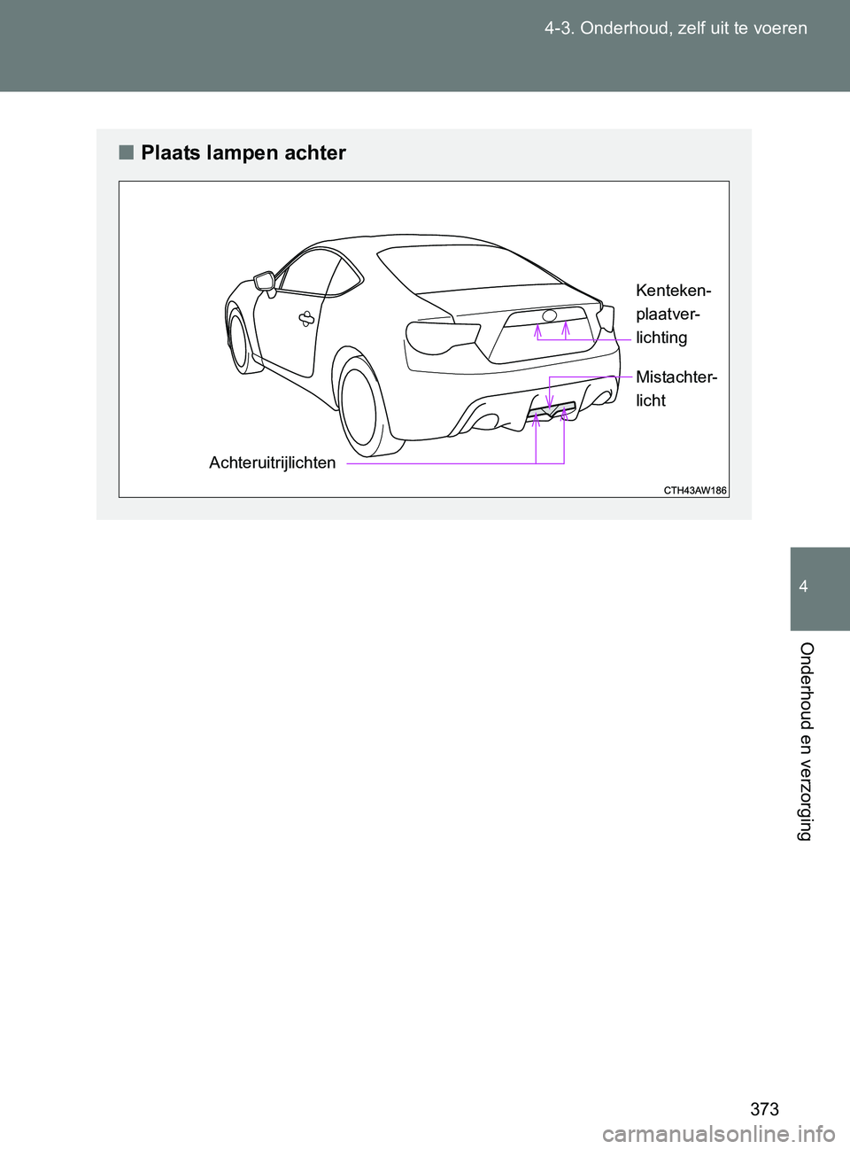 TOYOTA GT86 2017  Instructieboekje (in Dutch) 373 4-3. Onderhoud, zelf uit te voeren
4
Onderhoud en verzorging
86_EE (OM18071E)
■Plaats lampen achter
AchteruitrijlichtenKenteken-
plaatver-
lichting
Mistachter-
licht
86_OM_Europe_OM18071E.book  
