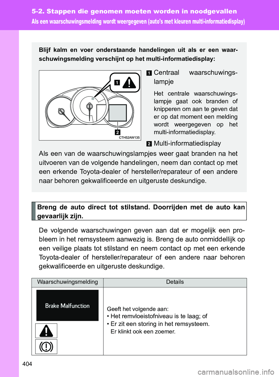 TOYOTA GT86 2017 Instructieboekje (in Dutch) 404
5-2. Stappen die genomen moeten worden in noodgevallen
86_EE (OM18071E)
Als een waarschuwingsmelding wordt weergegeven (autos met kleuren multi-infor matiedisplay)
Breng de auto direct tot s TOYOTA GT86 2017 Instructieboekje (in Dutch) 404
5-2. Stappen die genomen moeten worden in noodgevallen
86_EE (OM18071E)
Als een waarschuwingsmelding wordt weergegeven (autos met kleuren multi-infor matiedisplay)
Breng de auto direct tot s