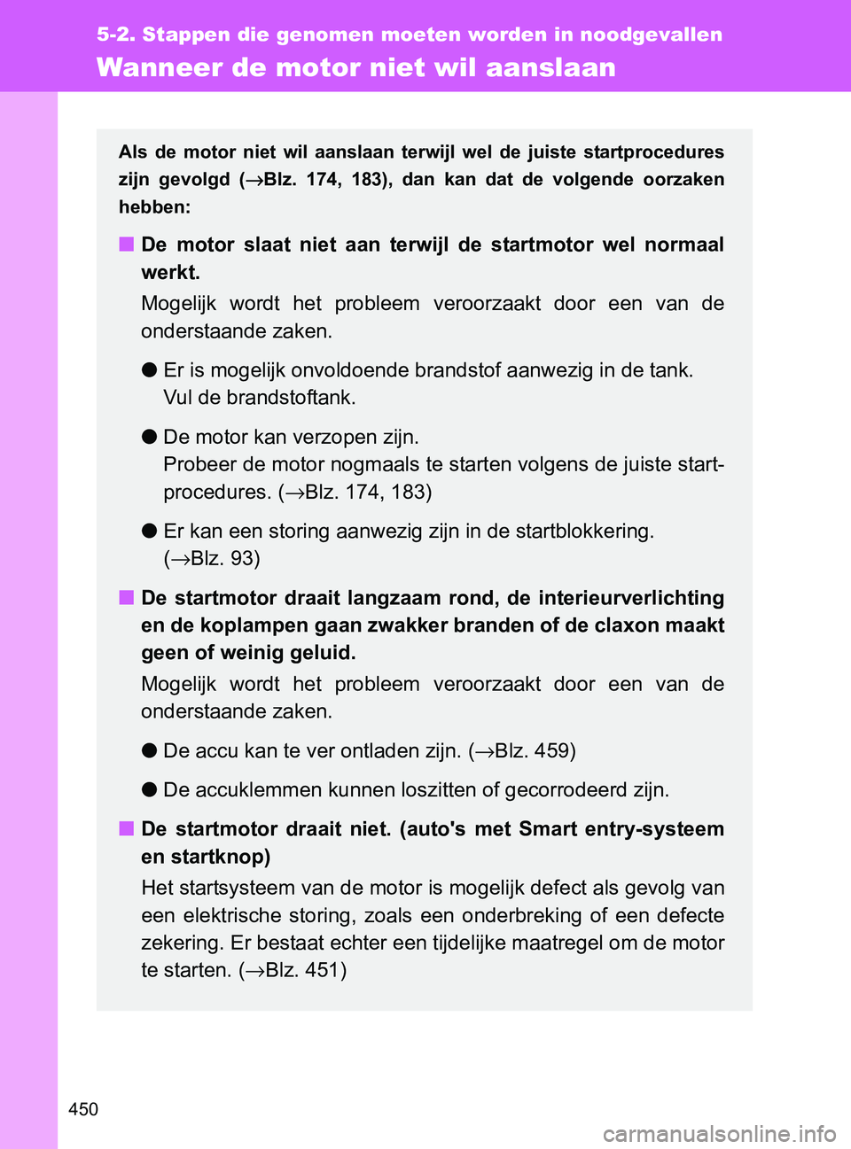 TOYOTA GT86 2017  Instructieboekje (in Dutch) 450
5-2. Stappen die genomen moeten worden in noodgevallen
86_EE (OM18071E)
Wanneer de motor niet wil aanslaan
Als  de  motor  niet  wil  aanslaan  terwijl  wel  de  juiste  startprocedures
zijn  gevo TOYOTA GT86 2017  Instructieboekje (in Dutch) 450
5-2. Stappen die genomen moeten worden in noodgevallen
86_EE (OM18071E)
Wanneer de motor niet wil aanslaan
Als  de  motor  niet  wil  aanslaan  terwijl  wel  de  juiste  startprocedures
zijn  gevo