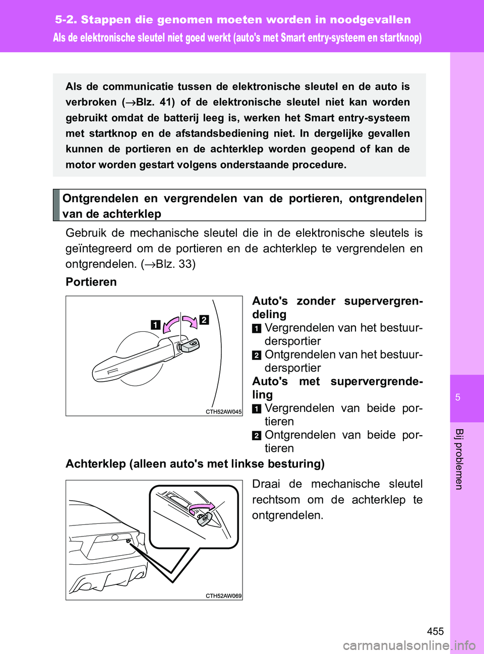 TOYOTA GT86 2017  Instructieboekje (in Dutch) 5
455
5-2. Stappen die genomen moeten worden in noodgevallen
Bij problemen
86_EE (OM18071E)
Als de elektronische sleutel niet goed werkt (autos met Smar t entr y-systeem en star tknop)
Ontgrendelen   TOYOTA GT86 2017  Instructieboekje (in Dutch) 5
455
5-2. Stappen die genomen moeten worden in noodgevallen
Bij problemen
86_EE (OM18071E)
Als de elektronische sleutel niet goed werkt (autos met Smar t entr y-systeem en star tknop)
Ontgrendelen