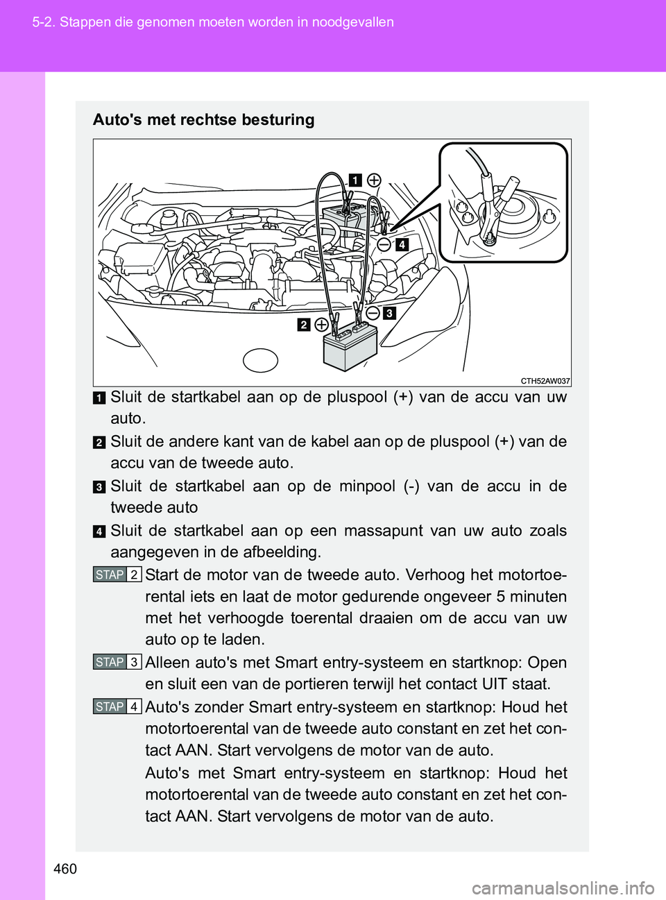 TOYOTA GT86 2017  Instructieboekje (in Dutch) 460 5-2. Stappen die genomen moeten worden in noodgevallen
86_EE (OM18071E)
Auto's met rechtse besturing
Sluit  de  startkabel  aan  op  de pluspool  (+)  van  de  accu  van  uw
auto.
Sluit de and TOYOTA GT86 2017  Instructieboekje (in Dutch) 460 5-2. Stappen die genomen moeten worden in noodgevallen
86_EE (OM18071E)
Auto's met rechtse besturing
Sluit  de  startkabel  aan  op  de pluspool  (+)  van  de  accu  van  uw
auto.
Sluit de and