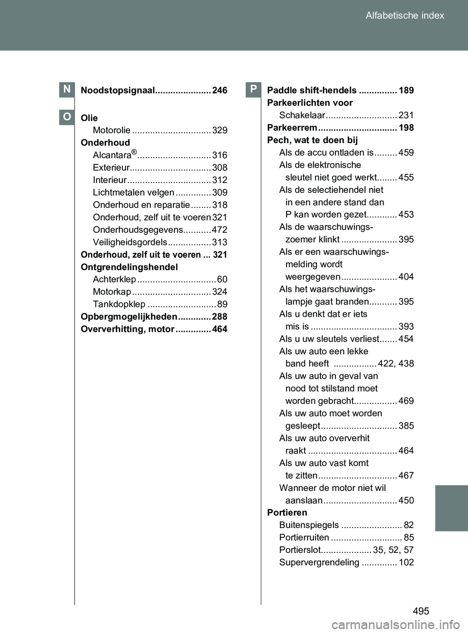 TOYOTA GT86 2017  Instructieboekje (in Dutch) 495 Alfabetische index
86_EE (OM18071E)
Noodstopsignaal...................... 246
Olie
Motorolie ............................... 329
Onderhoud
Alcantara
®............................. 316
Exterieur..