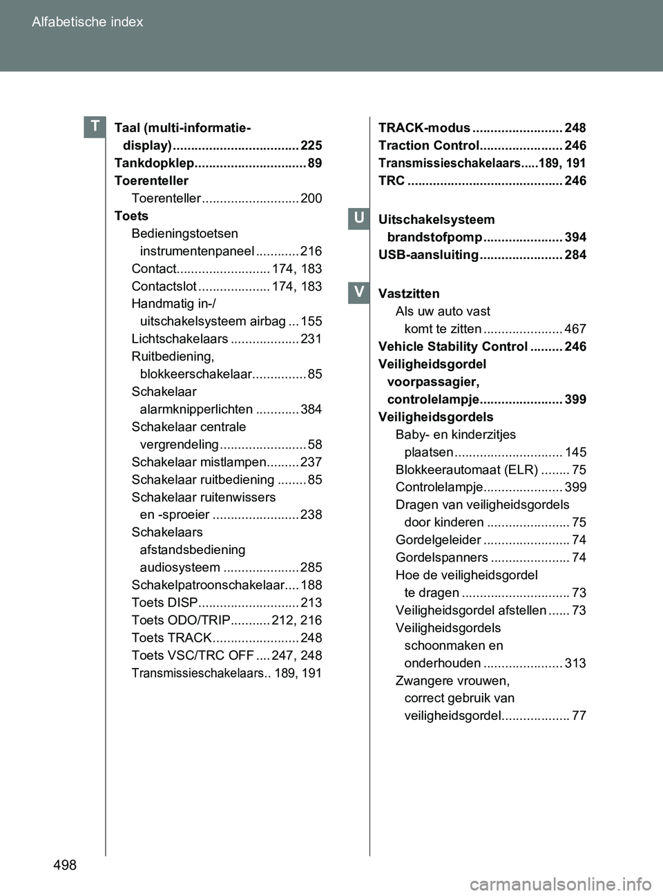 TOYOTA GT86 2017  Instructieboekje (in Dutch) 498 Alfabetische index
86_EE (OM18071E)
Taal (multi-informatie-
display) ................................... 225
Tankdopklep............................... 89
Toerenteller
Toerenteller ...............