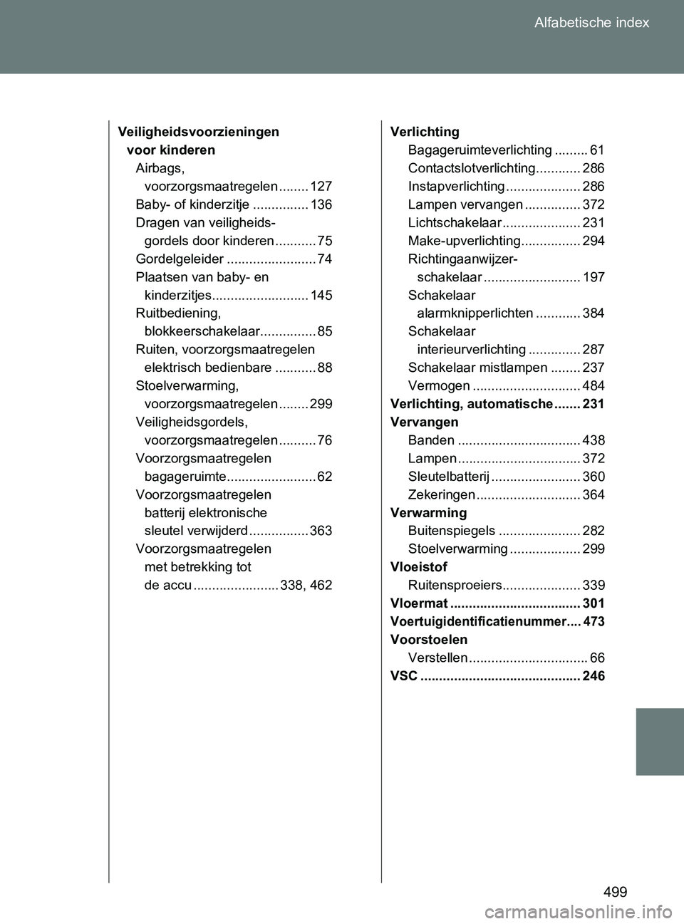 TOYOTA GT86 2017  Instructieboekje (in Dutch) 499 Alfabetische index
86_EE (OM18071E)
Veiligheidsvoorzieningen 
voor kinderen
Airbags, 
voorzorgsmaatregelen ........ 127
Baby- of kinderzitje ............... 136
Dragen van veiligheids-
gordels doo