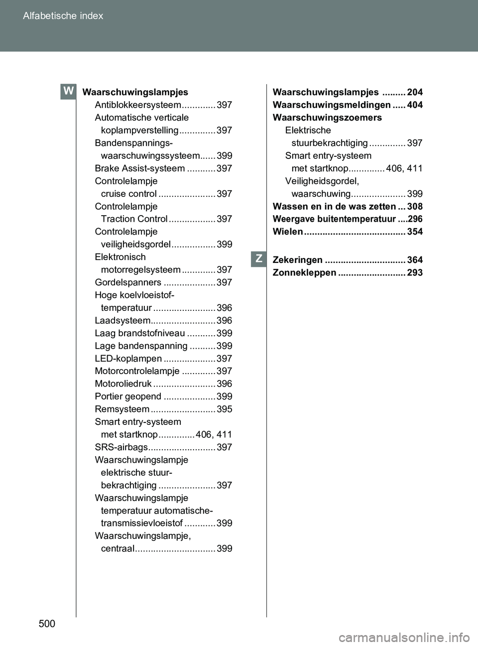 TOYOTA GT86 2017  Instructieboekje (in Dutch) 500 Alfabetische index
86_EE (OM18071E)
Waarschuwingslampjes
Antiblokkeersysteem ............. 397
Automatische verticale 
koplampverstelling .............. 397
Bandenspannings-
waarschuwingssysteem..