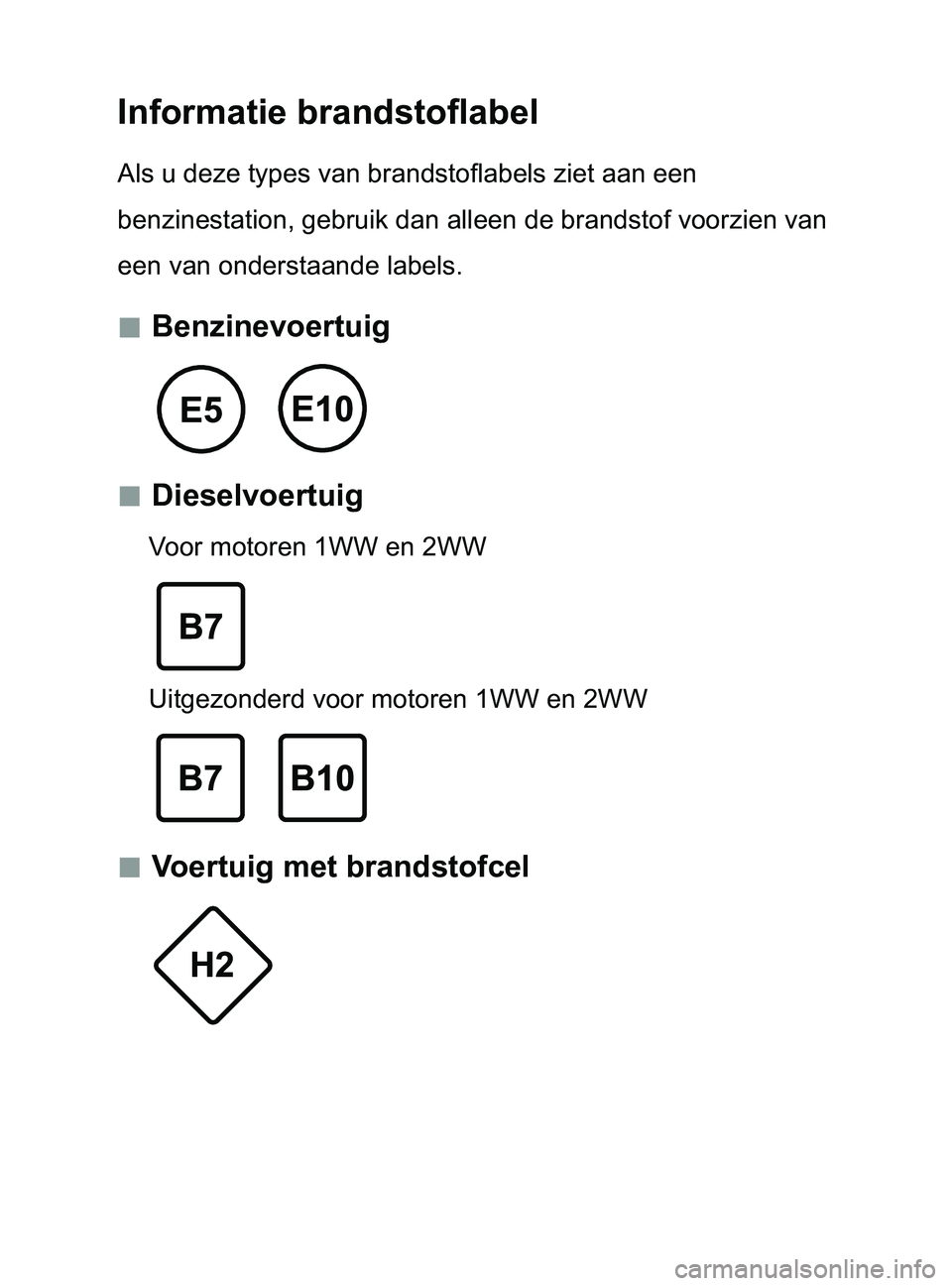 TOYOTA GT86 2017  Instructieboekje (in Dutch) Informatie brandstoflabel
Als u deze types van brandstoflabels ziet aan een 
benzinestation, gebruik dan alleen de brandstof voorzien van 
een van onderstaande labels.
 „Benzinevoertuig
 „Di
