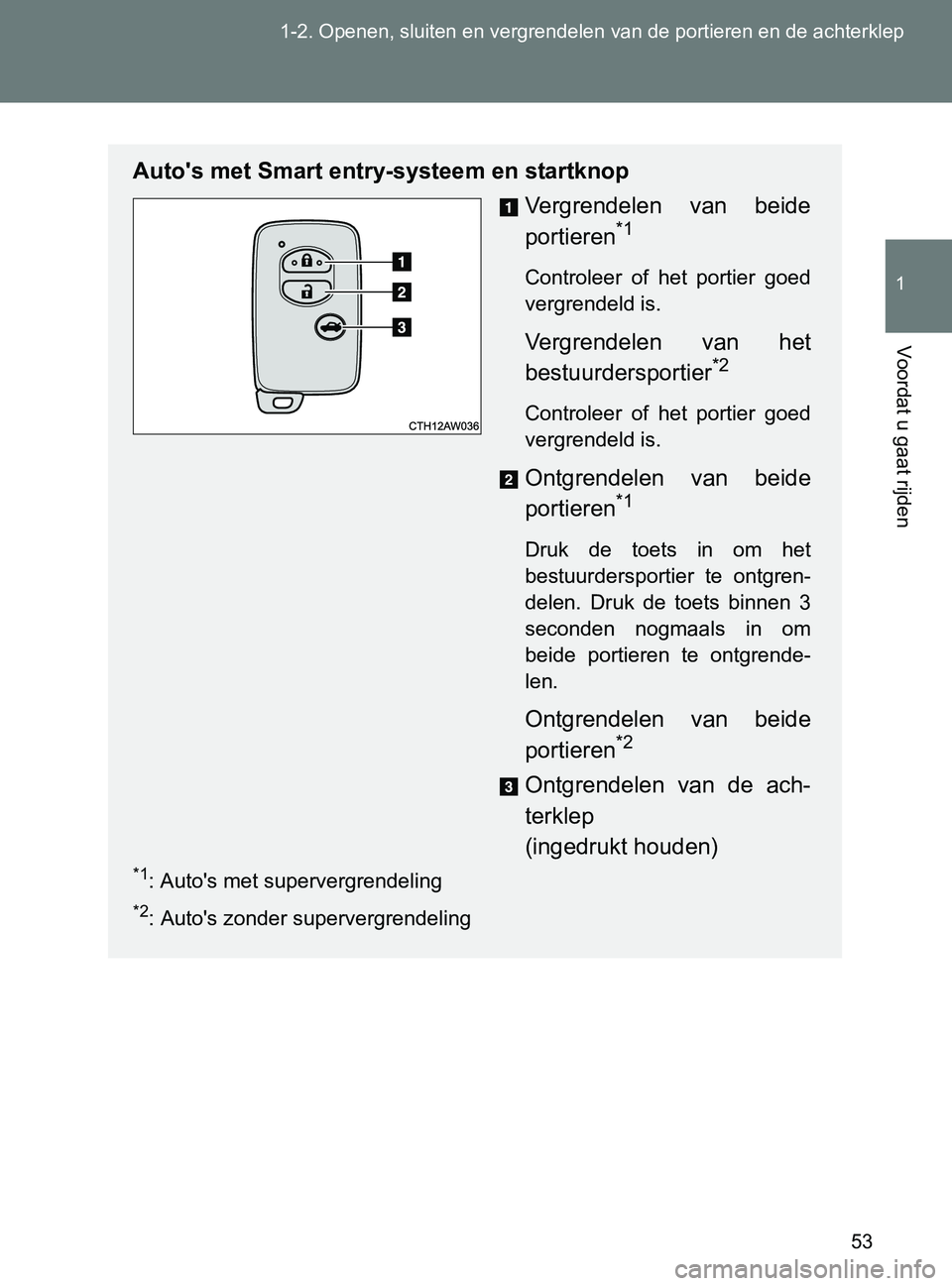 TOYOTA GT86 2017  Instructieboekje (in Dutch) 53 1-2. Openen, sluiten en vergrendelen van de portieren en de achterklep
1
Voordat u gaat rijden
86_EE (OM18071E)
Auto's met Smart entry-systeem en startknop
Vergrendelen  van  beide
portieren
*1