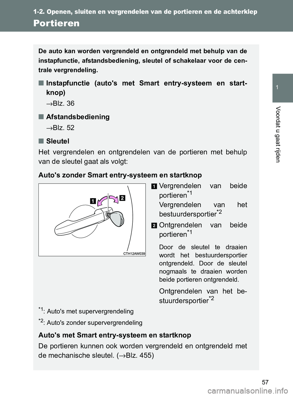 TOYOTA GT86 2017  Instructieboekje (in Dutch) 57
1
1-2. Openen, sluiten en vergrendelen van de portieren en de achterklep
Voordat u gaat rijden
86_EE (OM18071E)
Por tieren
De auto kan worden vergrendeld en ontgrendeld met behulp van de
instapfunc