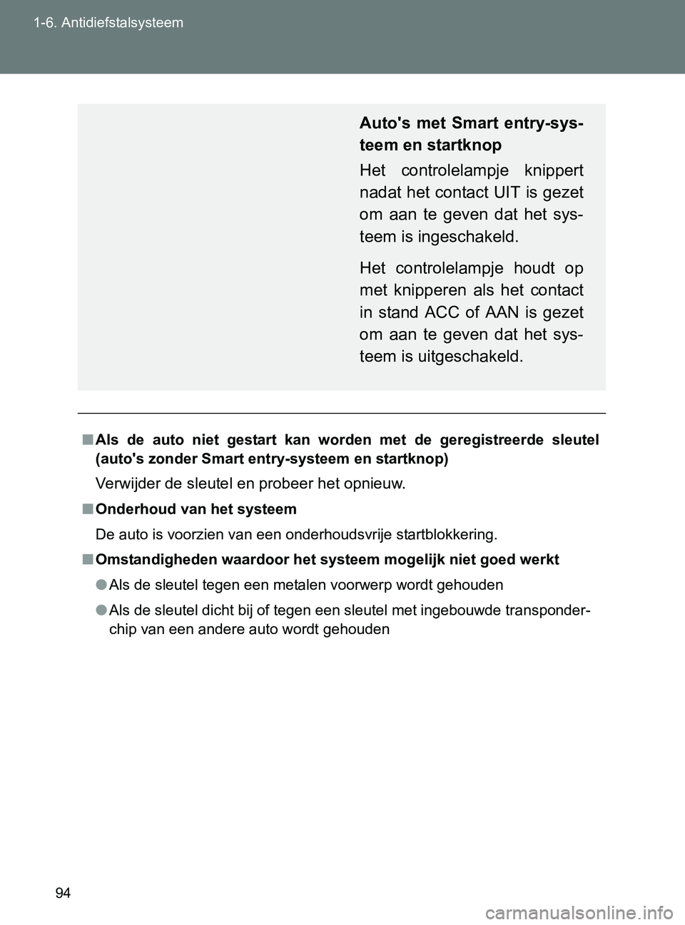 TOYOTA GT86 2017  Instructieboekje (in Dutch) 94 1-6. Antidiefstalsysteem
86_EE (OM18071E)
■Als  de  auto  niet  gestart  kan  worden  met  de  geregistreerde  sleutel
(auto's zonder Smart entry-systeem en startknop)
Verwijder de sleutel en
