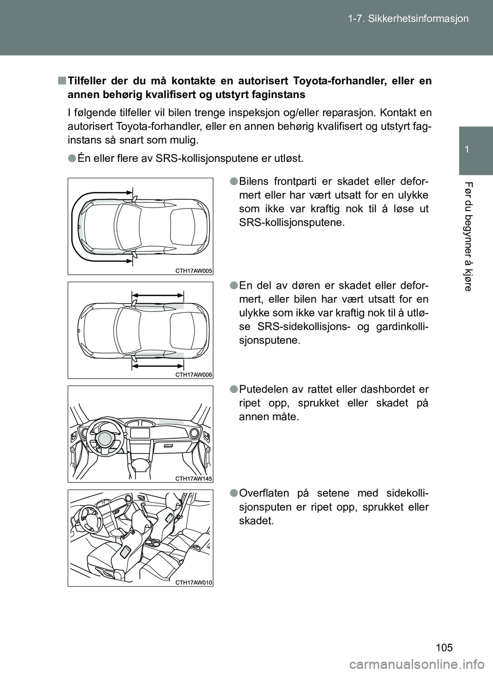 TOYOTA GT86 2017 Instruksjoner for bruk (in Norwegian) 105
1-7. Sikkerhetsinformasjon
1
Før du begynner å kjøre
OM18071NO
n
Tilfeller der du må kontakte en au torisert Toyota-forhandler, eller en
annen behørig kvalifisert og utstyrt faginstans
I føl TOYOTA GT86 2017 Instruksjoner for bruk (in Norwegian) 105
1-7. Sikkerhetsinformasjon
1
Før du begynner å kjøre
OM18071NO
n
Tilfeller der du må kontakte en au torisert Toyota-forhandler, eller en
annen behørig kvalifisert og utstyrt faginstans
I føl