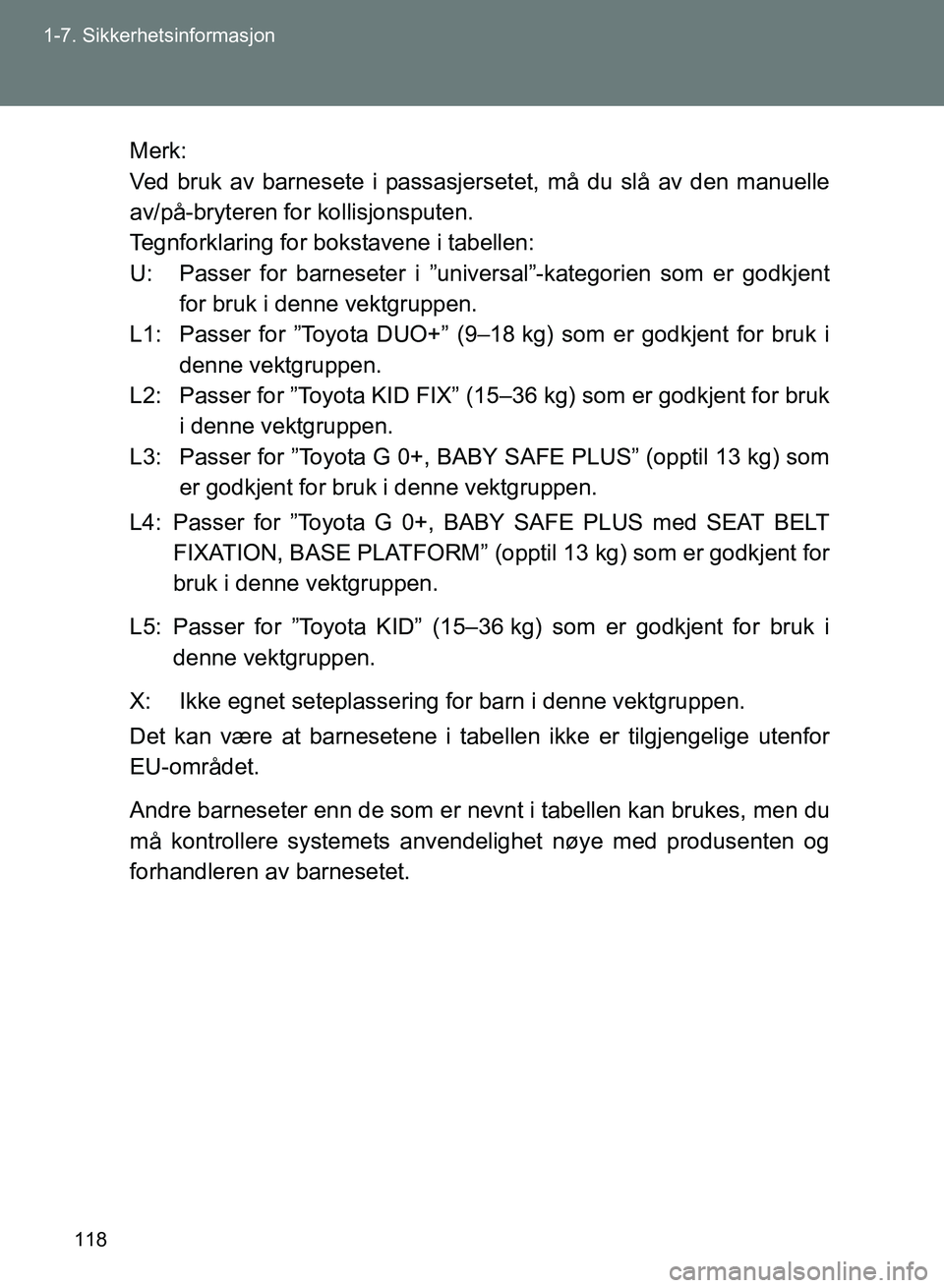 TOYOTA GT86 2017 Instruksjoner for bruk (in Norwegian) 118
1-7. Sikkerhetsinformasjon
OM18071NO
Merk:
Ved bruk av barnesete i passasjers
etet, må du slå av den manuelle
av/på-bryteren for kollisjonsputen.
Tegnforklaring for bokstavene i tabellen:
U: Pa TOYOTA GT86 2017 Instruksjoner for bruk (in Norwegian) 118
1-7. Sikkerhetsinformasjon
OM18071NO
Merk:
Ved bruk av barnesete i passasjers
etet, må du slå av den manuelle
av/på-bryteren for kollisjonsputen.
Tegnforklaring for bokstavene i tabellen:
U: Pa