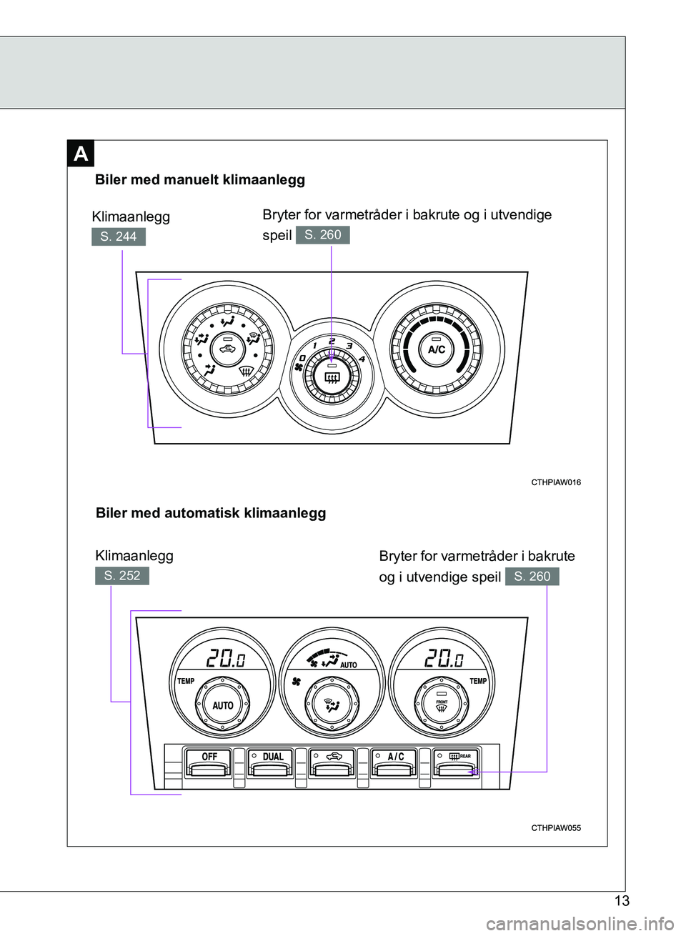 TOYOTA GT86 2017  Instruksjoner for bruk (in Norwegian) OM18071NO
13
A
Biler med manuelt klimaanlegg
Klimaanlegg 
S. 244
Bryter for varmetråder i bakrute og i utvendige 
speil 
S. 260
Biler med automatisk klimaanlegg
Bryter for varmetråder i bakrute 
og 