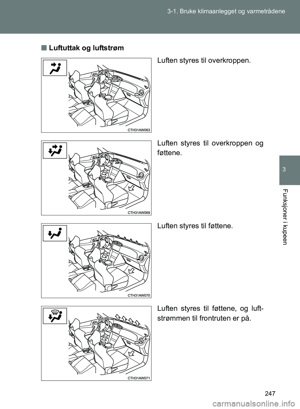 TOYOTA GT86 2017  Instruksjoner for bruk (in Norwegian) 247
3-1. Bruke klimaanlegget og varmetrådene
3
Funksjoner i kupeen
OM18071NO
n
Luftuttak og luftstrøm
Luften styres til overkroppen.
Luften styres til overkroppen og
føttene.
Luften styres til føt
