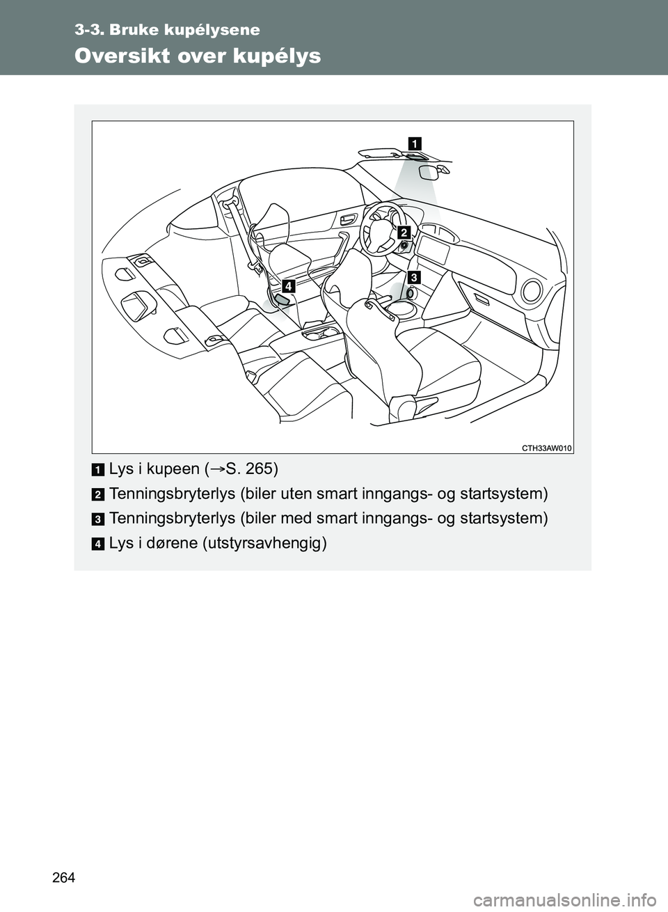 TOYOTA GT86 2017  Instruksjoner for bruk (in Norwegian) 264
OM18071NO
3-3. Bruke kupélysene
Oversikt over kupélys
Lys i kupeen (S. 265)
Tenningsbryterlys (biler uten smart inngangs- og startsystem)
Tenningsbryterlys (biler med smart inngangs- og start