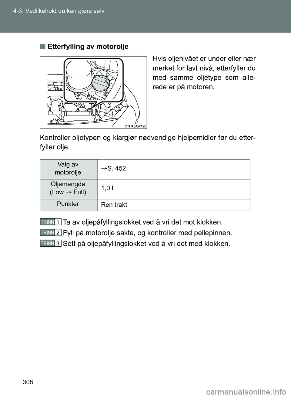 TOYOTA GT86 2017 Instruksjoner for bruk (in Norwegian) 308
4-3. Vedlikehold du kan gjøre selv
OM18071NO
n
Etterfylling av motorolje
Hvis oljenivået er under eller nær
merket for lavt nivå, etterfyller du
med samme oljetype som alle-
rede er på motore TOYOTA GT86 2017 Instruksjoner for bruk (in Norwegian) 308
4-3. Vedlikehold du kan gjøre selv
OM18071NO
n
Etterfylling av motorolje
Hvis oljenivået er under eller nær
merket for lavt nivå, etterfyller du
med samme oljetype som alle-
rede er på motore