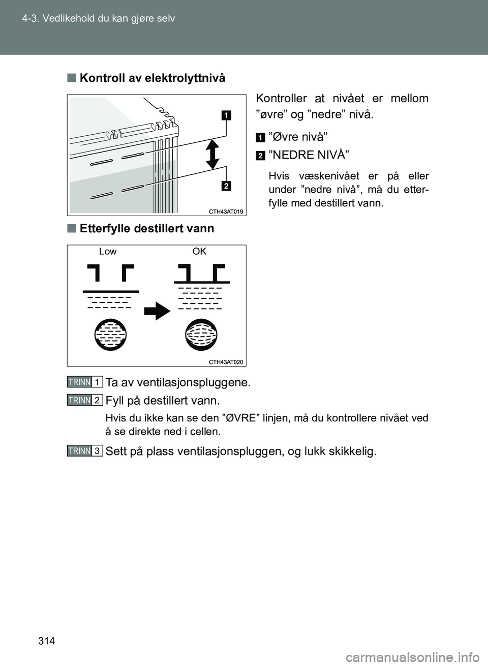 TOYOTA GT86 2017 Instruksjoner for bruk (in Norwegian) 314
4-3. Vedlikehold du kan gjøre selv
OM18071NO
n
Kontroll av elektrolyttnivå
Kontroller at nivået er mellom
”øvre” og ”nedre” nivå.
”Øvre nivå”
”NEDRE NIVÅ”
Hvis væskenivåe TOYOTA GT86 2017 Instruksjoner for bruk (in Norwegian) 314
4-3. Vedlikehold du kan gjøre selv
OM18071NO
n
Kontroll av elektrolyttnivå
Kontroller at nivået er mellom
”øvre” og ”nedre” nivå.
”Øvre nivå”
”NEDRE NIVÅ”
Hvis væskenivåe