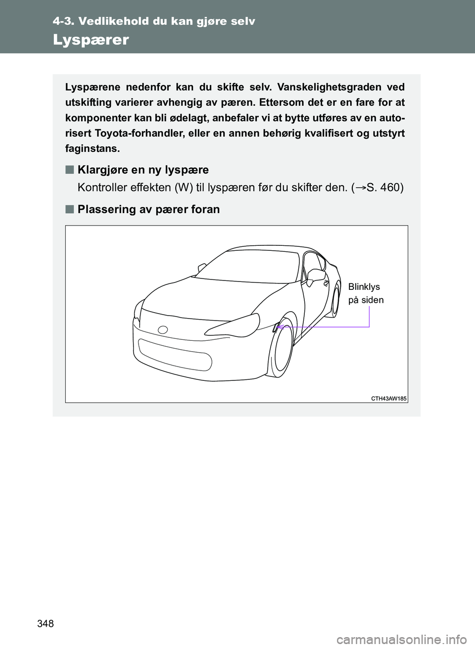 TOYOTA GT86 2017  Instruksjoner for bruk (in Norwegian) 348
4-3. Vedlikehold du kan gjøre selv
OM18071NO
Lyspærer
Lyspærene nedenfor kan du skifte selv. Vanskelighetsgraden ved
utskifting varierer avhengig av pæren. Ettersom det er en fare for at
kompo