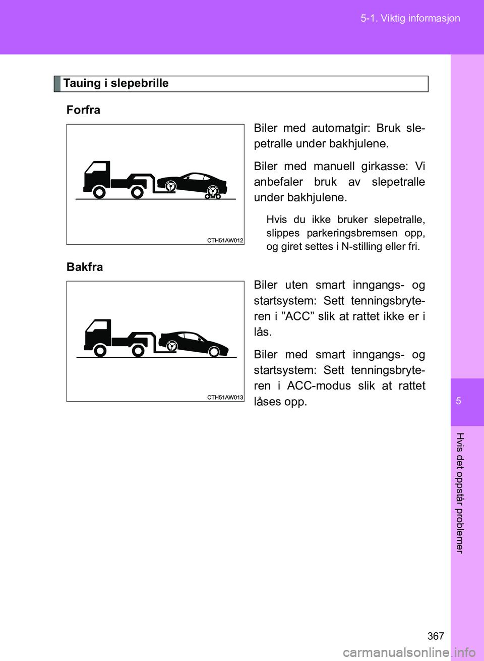 TOYOTA GT86 2017 Instruksjoner for bruk (in Norwegian) 5
367
5-1. Viktig informasjon
Hvis det oppstår problemer
OM18071NO
Tauing i slepebrille
Forfra Biler med automatgir: Bruk sle-
petralle under bakhjulene.
Biler med manuell girkasse: Vi
anbefaler bruk TOYOTA GT86 2017 Instruksjoner for bruk (in Norwegian) 5
367
5-1. Viktig informasjon
Hvis det oppstår problemer
OM18071NO
Tauing i slepebrille
Forfra Biler med automatgir: Bruk sle-
petralle under bakhjulene.
Biler med manuell girkasse: Vi
anbefaler bruk