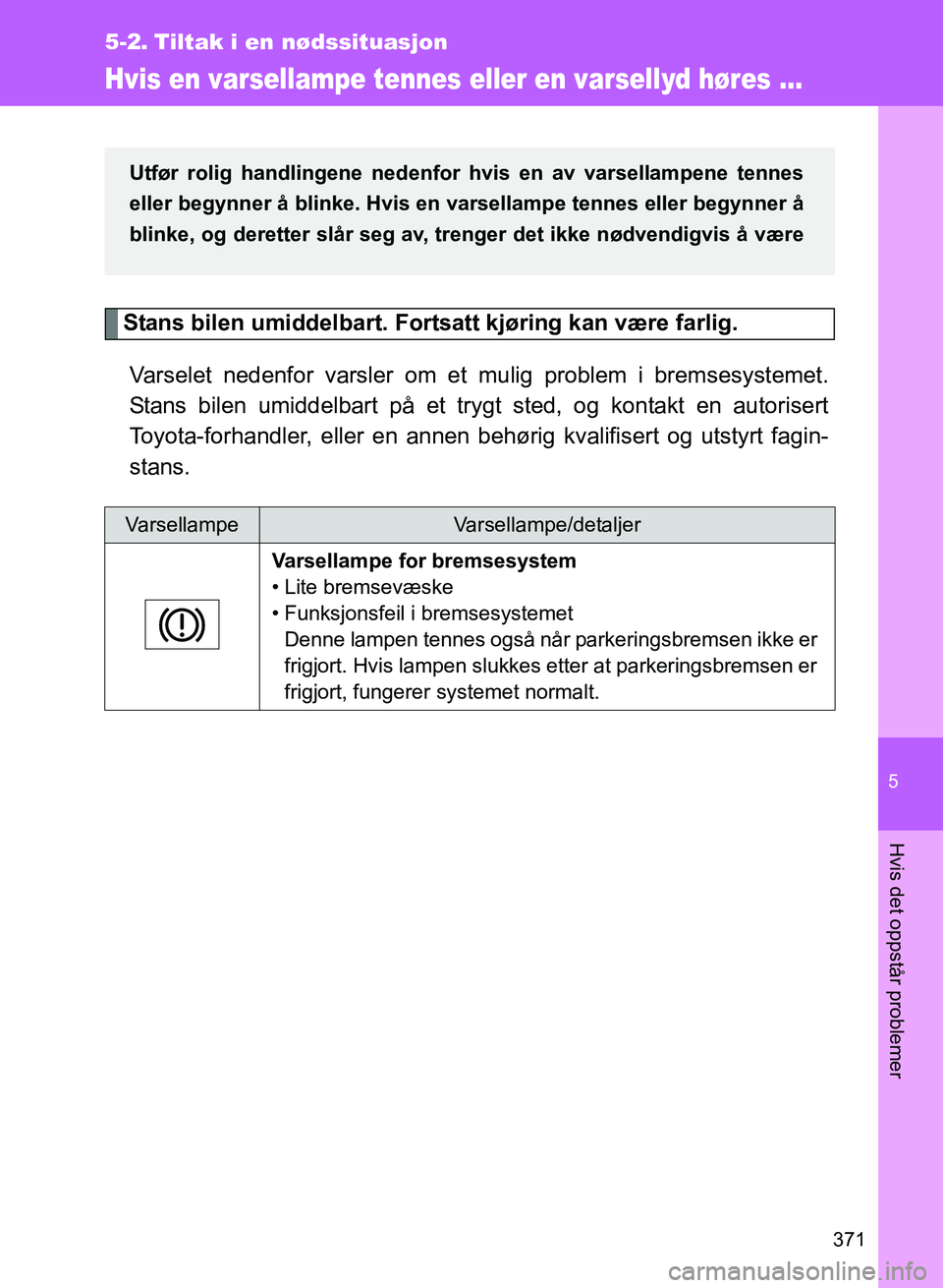 TOYOTA GT86 2017 Instruksjoner for bruk (in Norwegian) 5
371
Hvis det oppstår problemer
OM18071NO
5-2. Tiltak i en nødssituasjon
Hvis en varsellampe tennes eller en varsellyd høres ...
Stans bilen umiddelbart. Fortsatt kjøring kan være farlig.
Varsel TOYOTA GT86 2017 Instruksjoner for bruk (in Norwegian) 5
371
Hvis det oppstår problemer
OM18071NO
5-2. Tiltak i en nødssituasjon
Hvis en varsellampe tennes eller en varsellyd høres ...
Stans bilen umiddelbart. Fortsatt kjøring kan være farlig.
Varsel