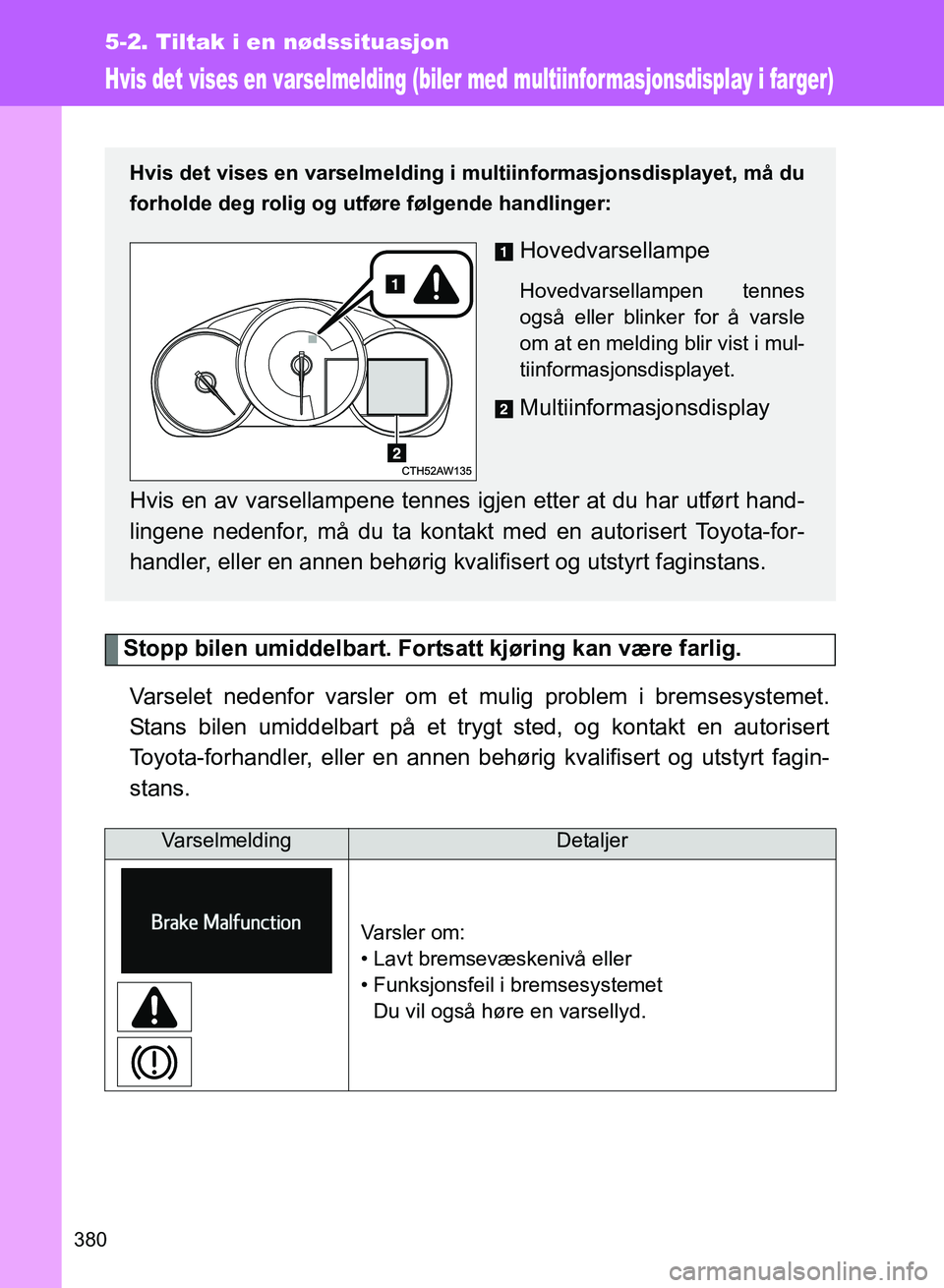 TOYOTA GT86 2017 Instruksjoner for bruk (in Norwegian) 380
5-2. Tiltak i en nødssituasjon
OM18071NO
Hvis det vises en varselmelding (biler med multiinfor masjonsdisplay i farger)
Stopp bilen umiddelbart. Fortsatt kjøring kan være farlig.Varselet nedenf TOYOTA GT86 2017 Instruksjoner for bruk (in Norwegian) 380
5-2. Tiltak i en nødssituasjon
OM18071NO
Hvis det vises en varselmelding (biler med multiinfor masjonsdisplay i farger)
Stopp bilen umiddelbart. Fortsatt kjøring kan være farlig.Varselet nedenf
