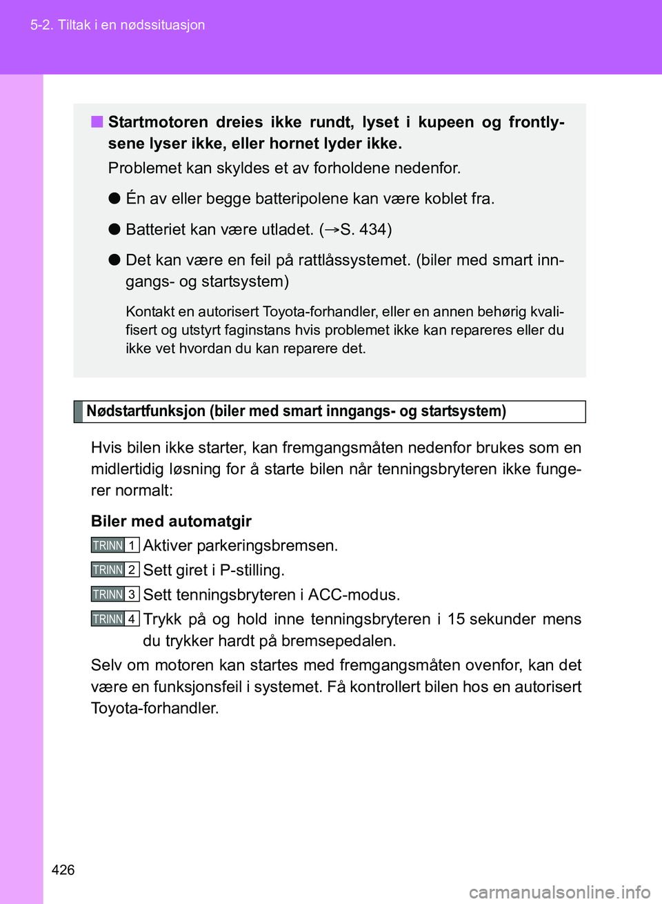 TOYOTA GT86 2017 Instruksjoner for bruk (in Norwegian) 426
5-2. Tiltak i en nødssituasjon
OM18071NO
Nødstartfunksjon (biler med
smart inngangs- og startsystem)
Hvis bilen ikke starter, kan fremgangsmåten nedenfor brukes som en
midlertidig løsning for TOYOTA GT86 2017 Instruksjoner for bruk (in Norwegian) 426
5-2. Tiltak i en nødssituasjon
OM18071NO
Nødstartfunksjon (biler med
smart inngangs- og startsystem)
Hvis bilen ikke starter, kan fremgangsmåten nedenfor brukes som en
midlertidig løsning for