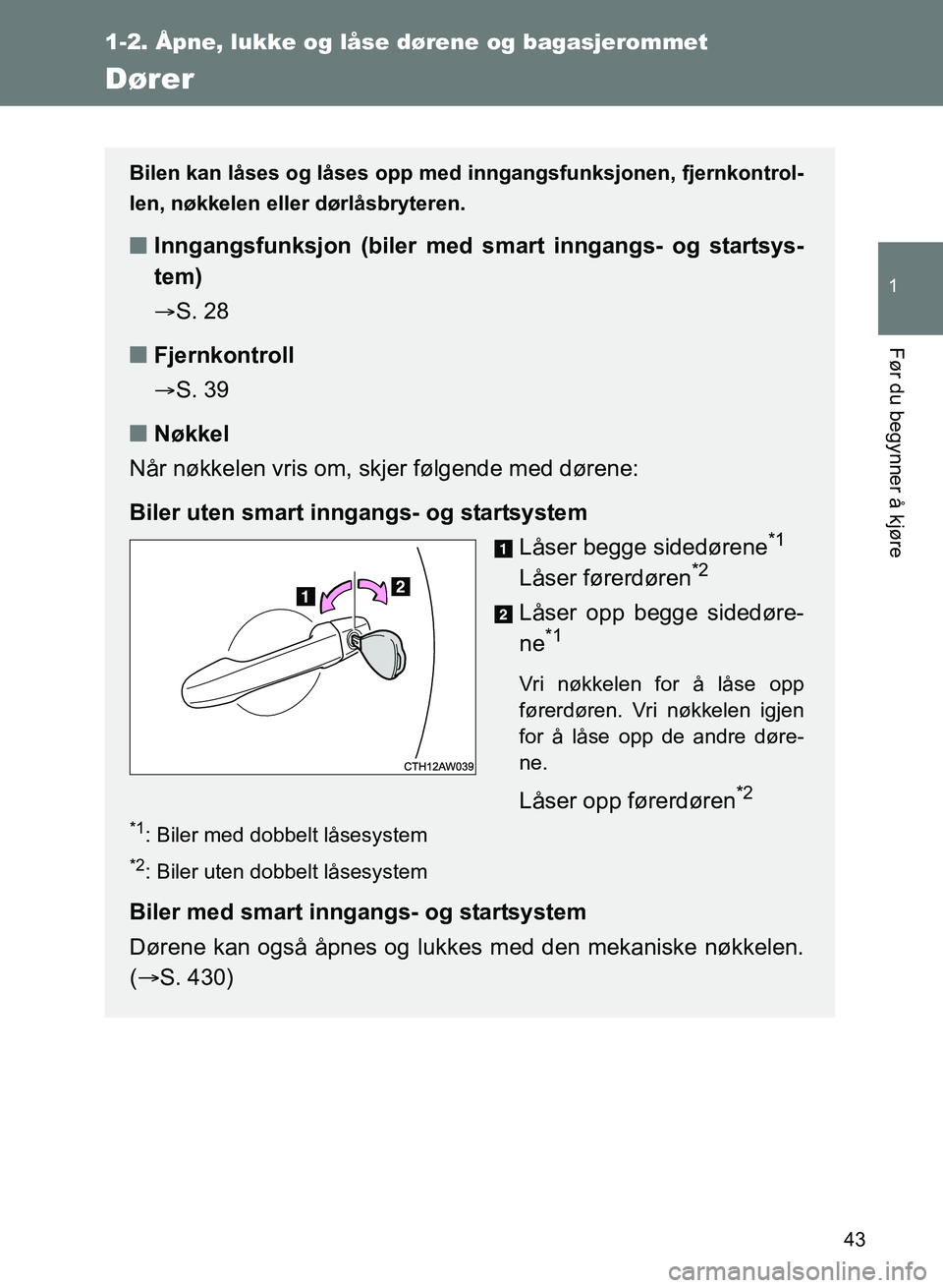 TOYOTA GT86 2017 Instruksjoner for bruk (in Norwegian) 43
1
1-2. Åpne, lukke og låse dørene og bagasjerommet
Før du begynner å kjøre
OM18071NO
Dører
Bilen kan låses og låses opp med inngangsfunksjonen, fjernkontrol-
len, nøkkelen eller dørlåsb TOYOTA GT86 2017 Instruksjoner for bruk (in Norwegian) 43
1
1-2. Åpne, lukke og låse dørene og bagasjerommet
Før du begynner å kjøre
OM18071NO
Dører
Bilen kan låses og låses opp med inngangsfunksjonen, fjernkontrol-
len, nøkkelen eller dørlåsb