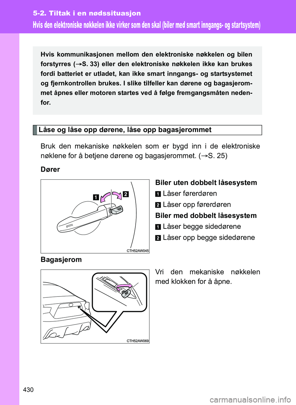 TOYOTA GT86 2017 Instruksjoner for bruk (in Norwegian) 430
5-2. Tiltak i en nødssituasjon
OM18071NO
Hvis den elektroniske nøkkelen ikke virker som den skal (biler med smar t inngangs- og star tsystem)
Låse og låse opp dørene, låse opp bagasjerommet
TOYOTA GT86 2017 Instruksjoner for bruk (in Norwegian) 430
5-2. Tiltak i en nødssituasjon
OM18071NO
Hvis den elektroniske nøkkelen ikke virker som den skal (biler med smar t inngangs- og star tsystem)
Låse og låse opp dørene, låse opp bagasjerommet