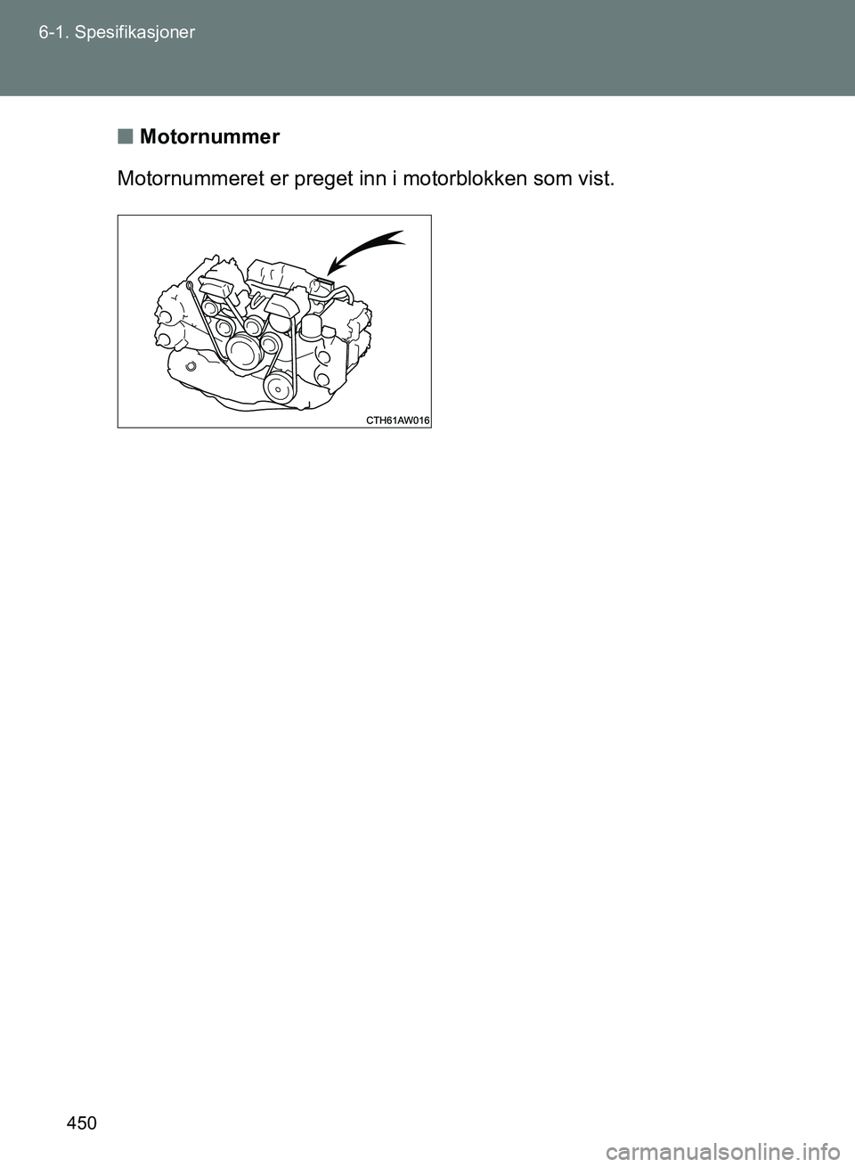 TOYOTA GT86 2017  Instruksjoner for bruk (in Norwegian) 450
6-1. Spesifikasjoner
OM18071NO
n
Motornummer
Motornummeret er preget inn i motorblokken som vist.
OM18071NO.book  Page 450  Wednesday, November 9, 2016  3:44 PM 