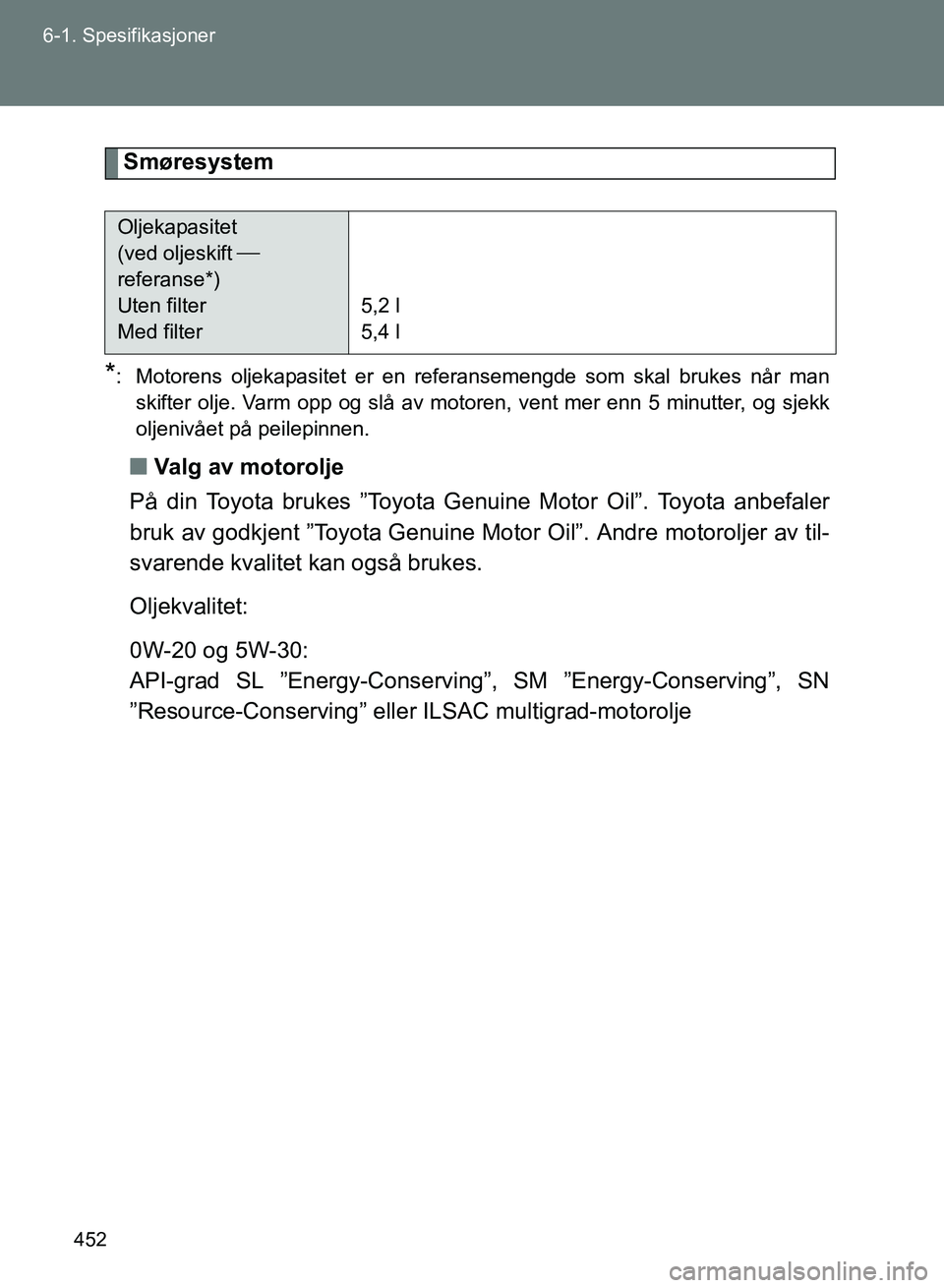 TOYOTA GT86 2017  Instruksjoner for bruk (in Norwegian) 452
6-1. Spesifikasjoner
OM18071NO
Smøresystem
*: Motorens oljekapasitet er en referansemengde som skal brukes når man
skifter olje. Varm opp og slå av motoren, vent mer enn 5 minutter, og sjekk
ol