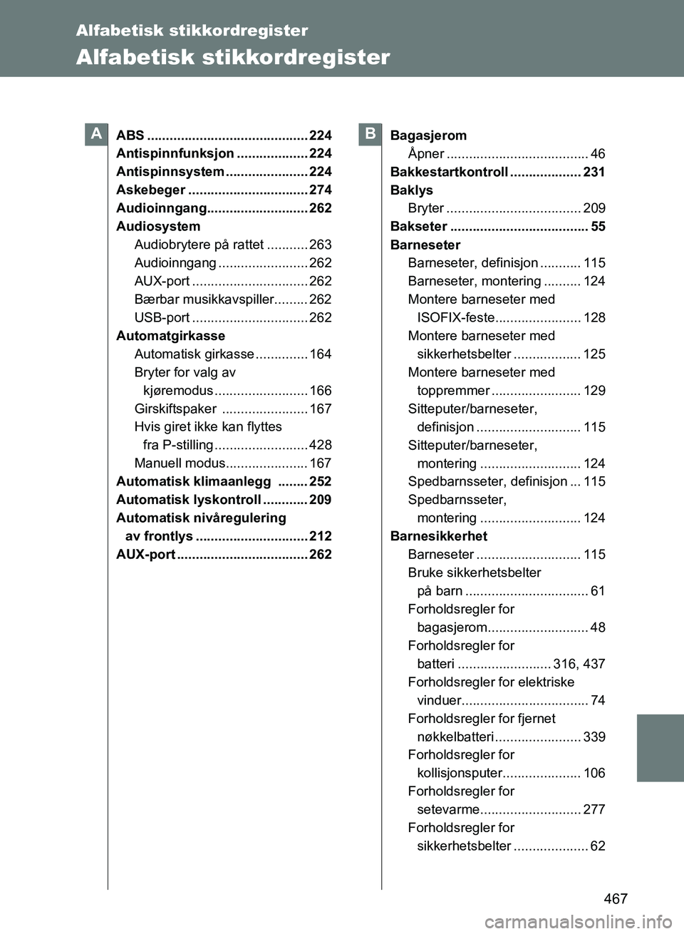 TOYOTA GT86 2017 Instruksjoner for bruk (in Norwegian) 467
OM18071NO
Alfabetisk stikkordregister
Alfabetisk stikkordregister
ABS ........................................... 224
Antispinnfunksjon ................... 224
Antispinnsystem .................... TOYOTA GT86 2017 Instruksjoner for bruk (in Norwegian) 467
OM18071NO
Alfabetisk stikkordregister
Alfabetisk stikkordregister
ABS ........................................... 224
Antispinnfunksjon ................... 224
Antispinnsystem ....................