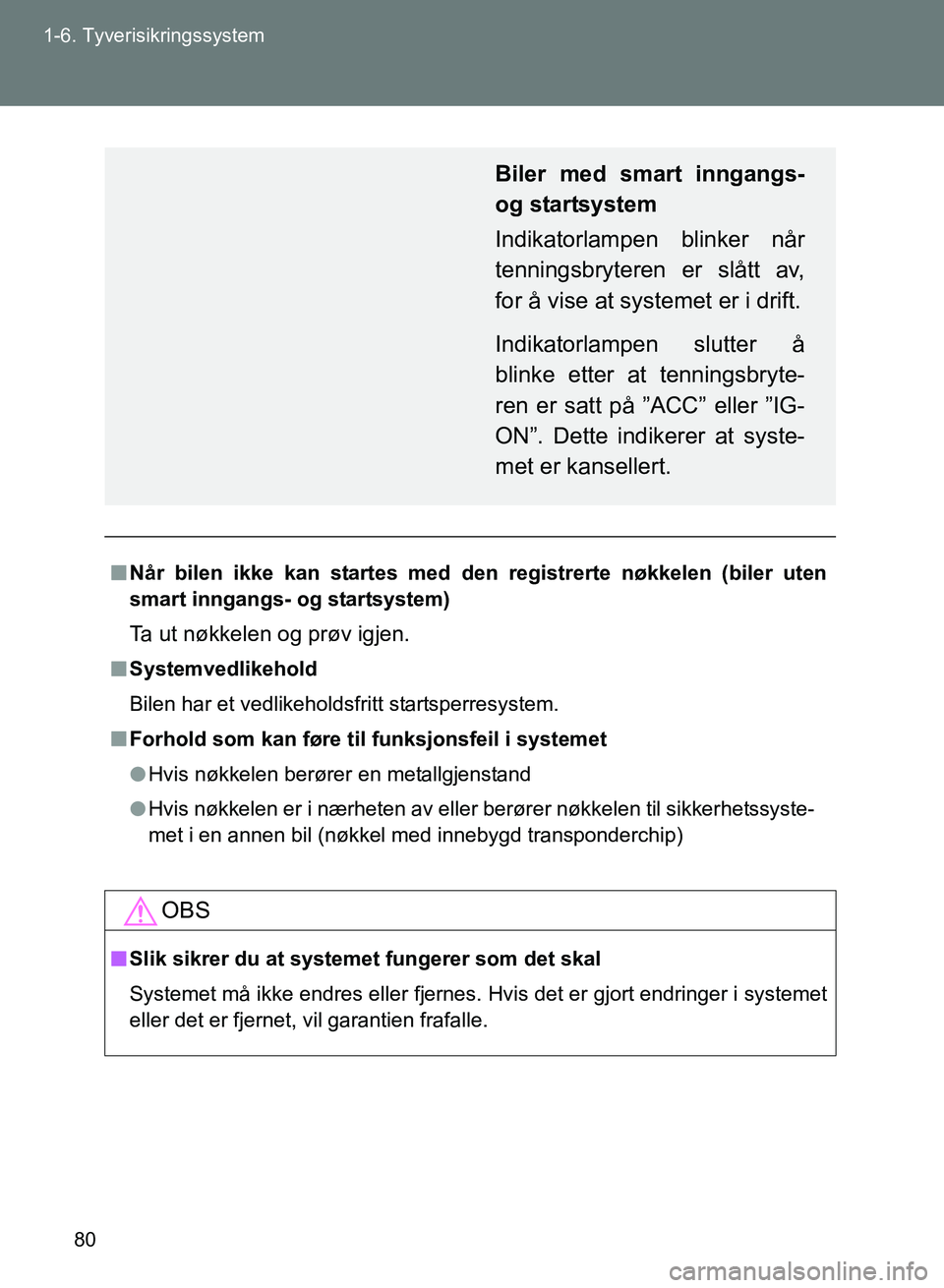 TOYOTA GT86 2017 Instruksjoner for bruk (in Norwegian) 80
1-6. Tyverisikringssystem
OM18071NO
n
Når bilen ikke kan startes med den registrerte nøkkelen (biler uten
smart inngangs- og startsystem)
Ta ut nøkkelen og prøv igjen.
nSystemvedlikehold
Bilen TOYOTA GT86 2017 Instruksjoner for bruk (in Norwegian) 80
1-6. Tyverisikringssystem
OM18071NO
n
Når bilen ikke kan startes med den registrerte nøkkelen (biler uten
smart inngangs- og startsystem)
Ta ut nøkkelen og prøv igjen.
nSystemvedlikehold
Bilen