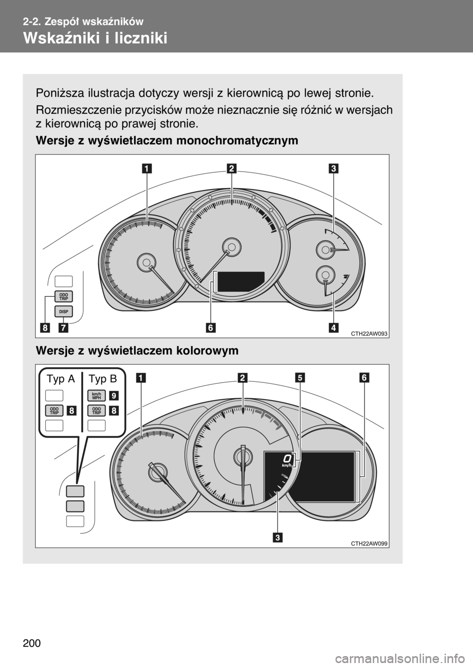 TOYOTA GT86 2017  Instrukcja obsługi (in Polish) Poni˝sza ilustracja dotyczy wersji z kierownicà po lewej stronie.
Rozmieszczenie przycisków mo˝e nieznacznie si´ ró˝niç w wersjach
z kierownicà po prawej stronie.
Wersje z wyÊwietlaczem mono