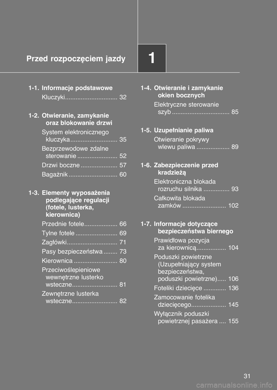 TOYOTA GT86 2017  Instrukcja obsługi (in Polish) Przed rozpocz´ciem jazdy1
1-1. Informacje podstawowe
Kluczyki.............................. 32
1-2. Otwieranie, zamykanie 
oraz blokowanie drzwi
System elektronicznego 
kluczyka .....................